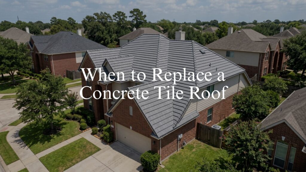 An aerial drone view of a multi-story brick home featuring a pristine charcoal grey stone installation, highlighting the longevity of a professional concrete tile roof replacement.
