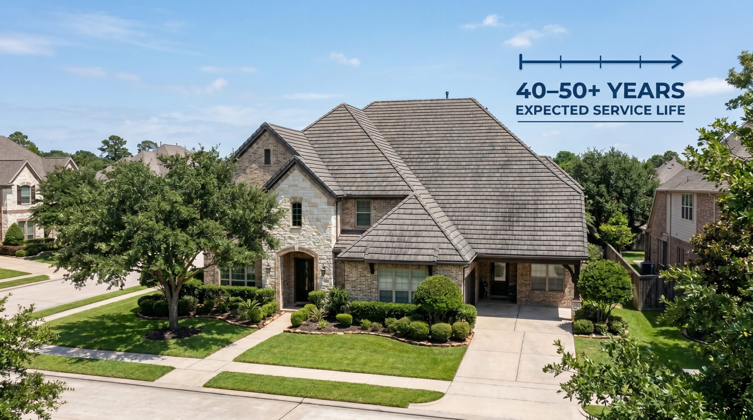 A comparative overview contrasting the lifespan of aging shingles with durable flat stone slabs, highlighting why homeowners upgrade to a long-lasting concrete tile roof replacement.