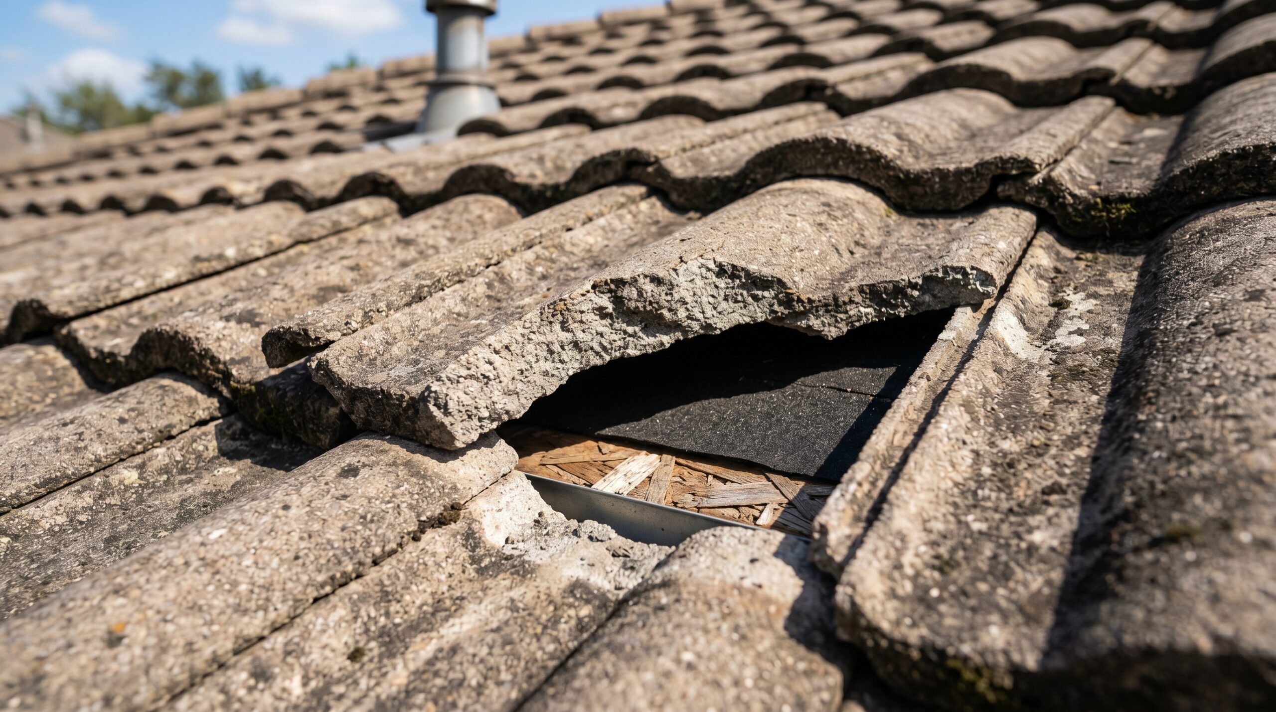 A close-up of a shattered residential roof tile exposing the underlying materials, showcasing why prompt concrete tile roof maintenance is vital to prevent severe structural leaks.