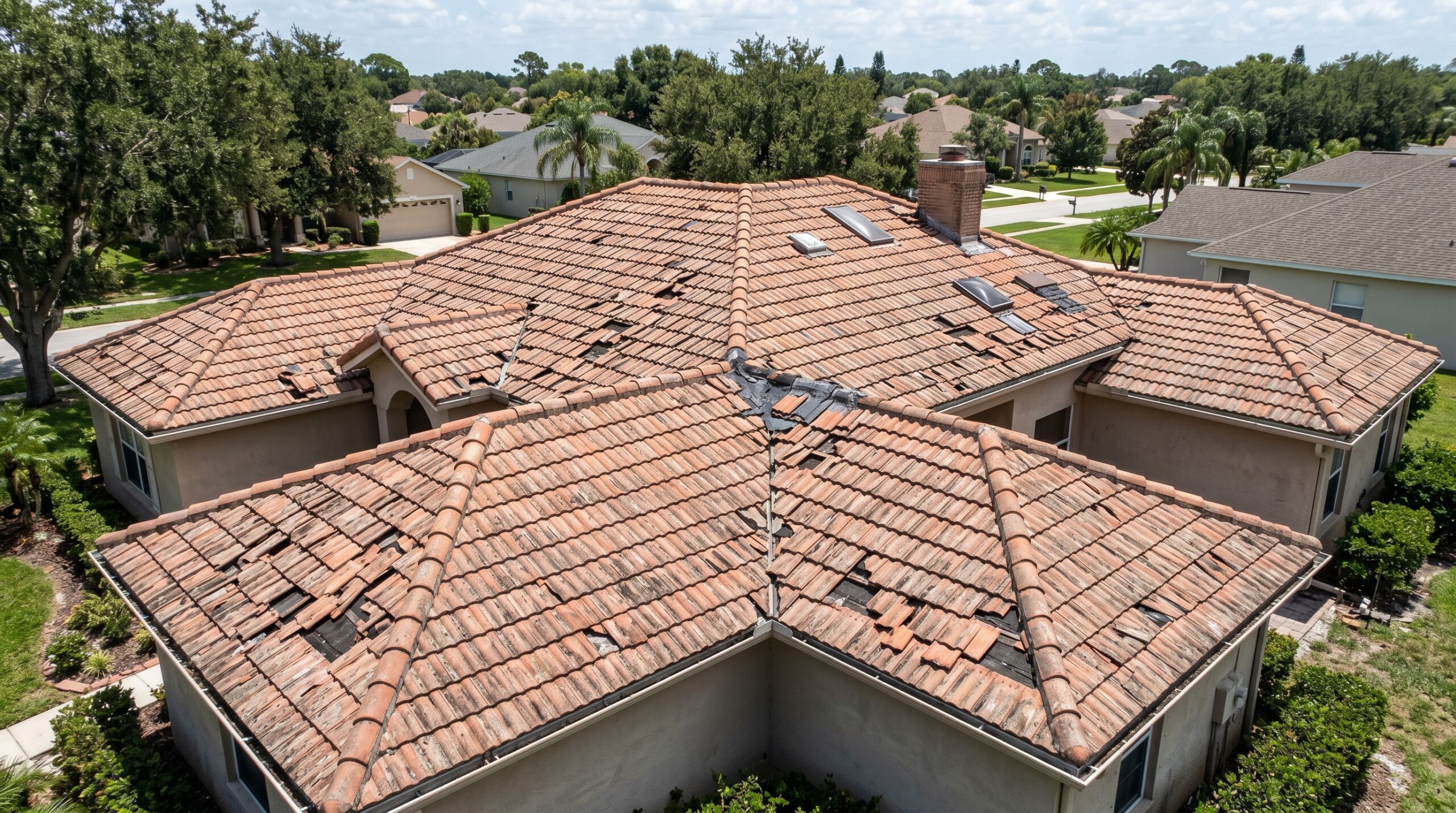 An aerial drone view of a large residential home showing severe widespread roof damage with shattered and missing orange pieces, highlighting a critical need for a concrete tile roof replacement.