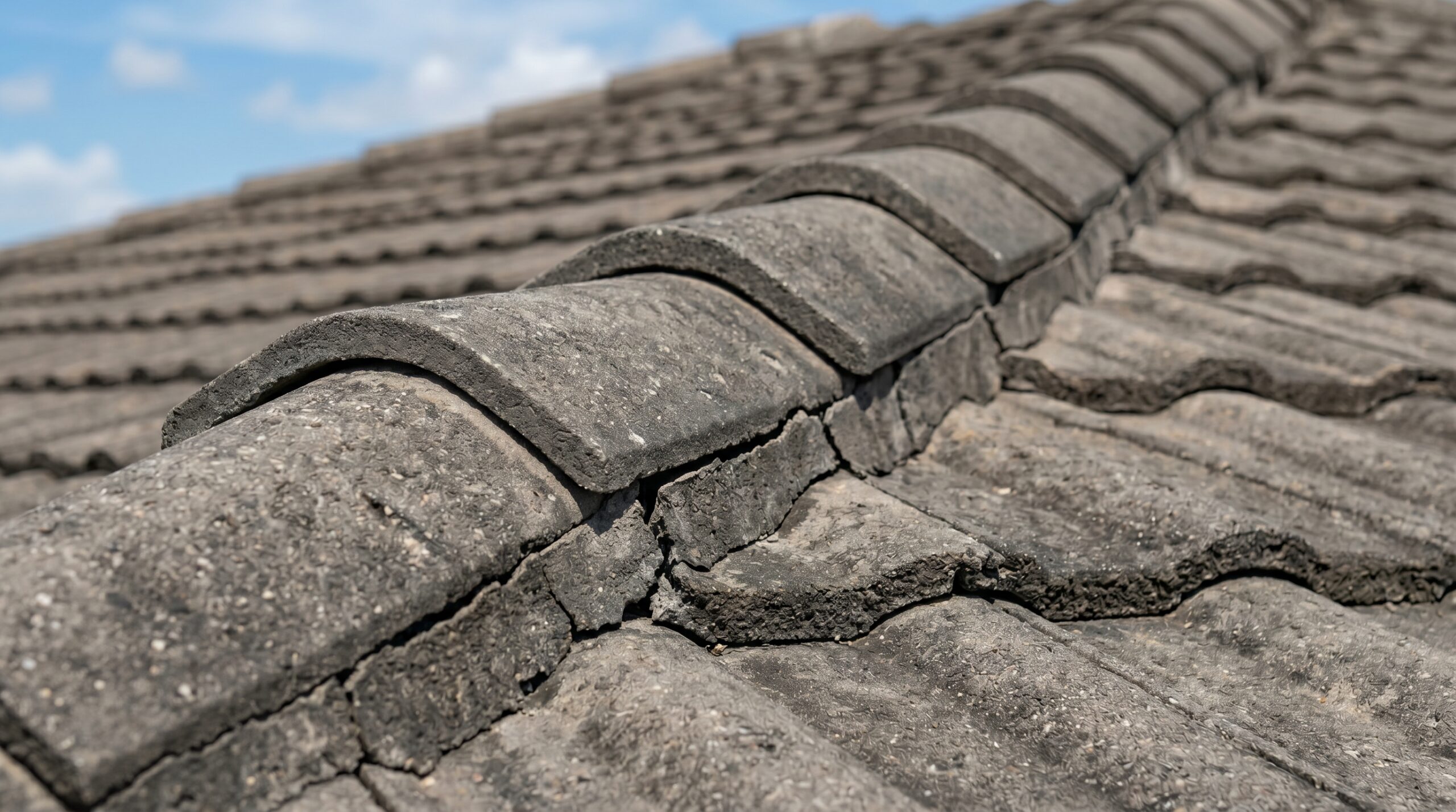 A close-up of cracked, separating, and crumbling cement hip mortar joints on a residential rooftop, emphasizing why regular concrete tile roof maintenance is critical for structural stability.