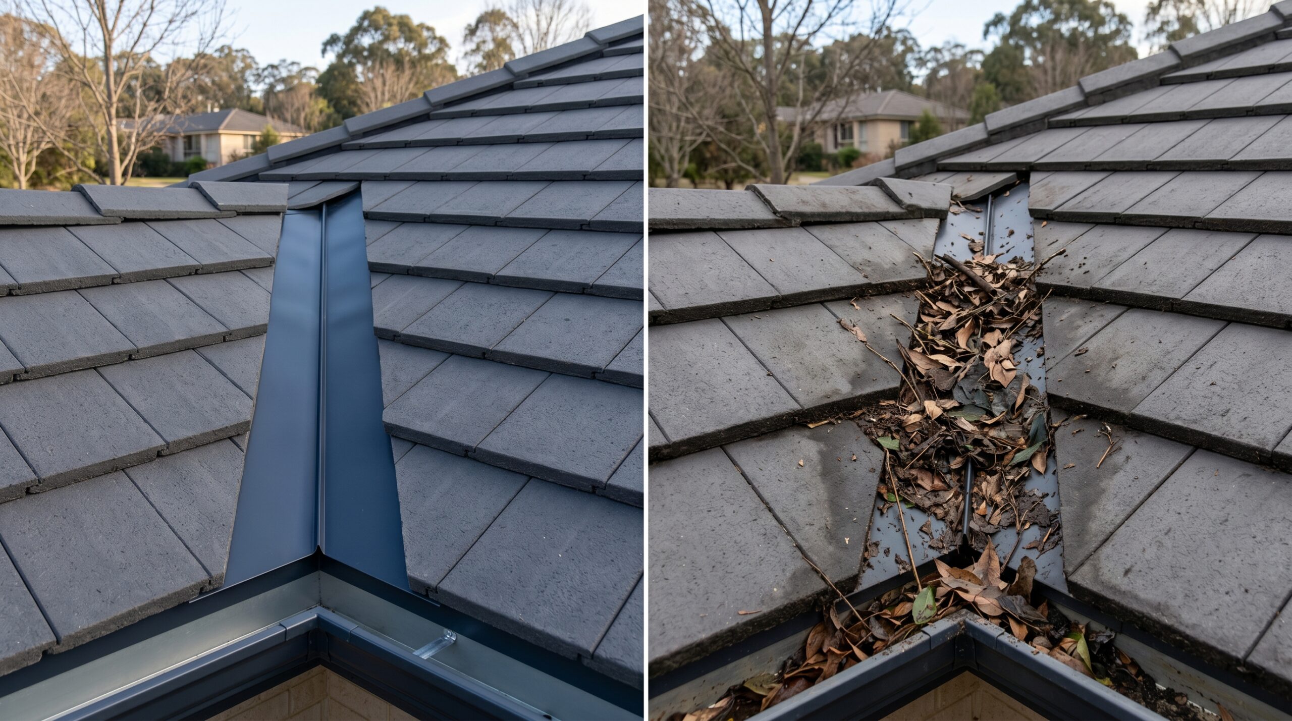 A side-by-side comparison of a clean roof valley versus a valley clogged with leaves, showing the structural necessity of clearing debris during concrete tile roof maintenance.