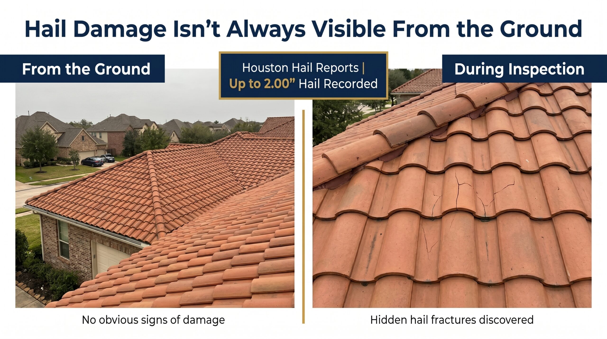An Achilles Roofing & Exteriors educational diagram showing how impact force can crack or fracture a Mexican clay tile roof during severe weather.