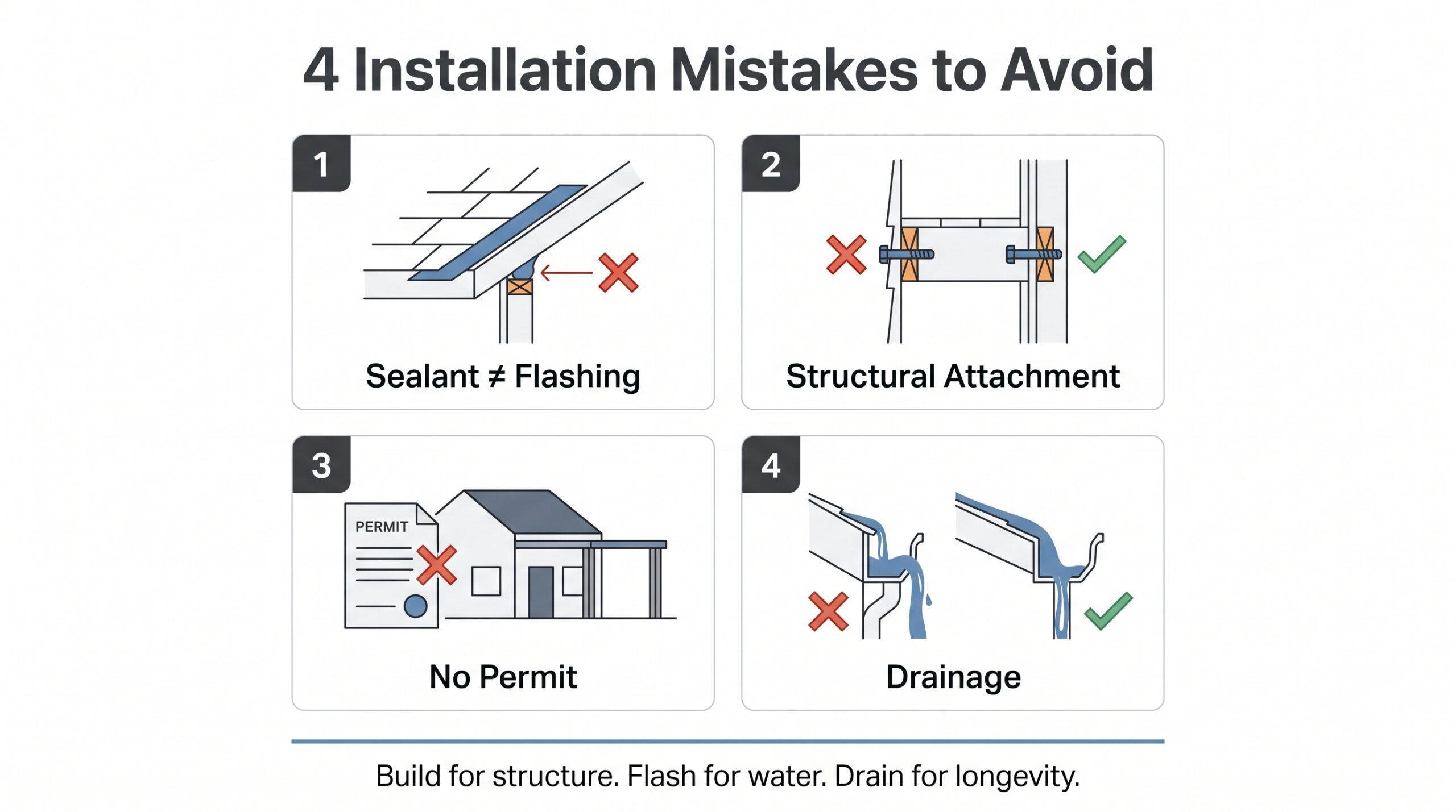 An engineering and construction infographic by Achilles detailing four critical building errors to avoid to ensure a structurally sound and leak-free outdoor patio in Houston.