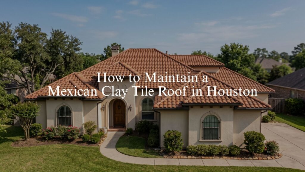 An Achilles Roofing & Exteriors title card featuring a multi-gabled residential home with a pristine Mexican clay tile roof, highlighting architectural beauty and professional maintenance.