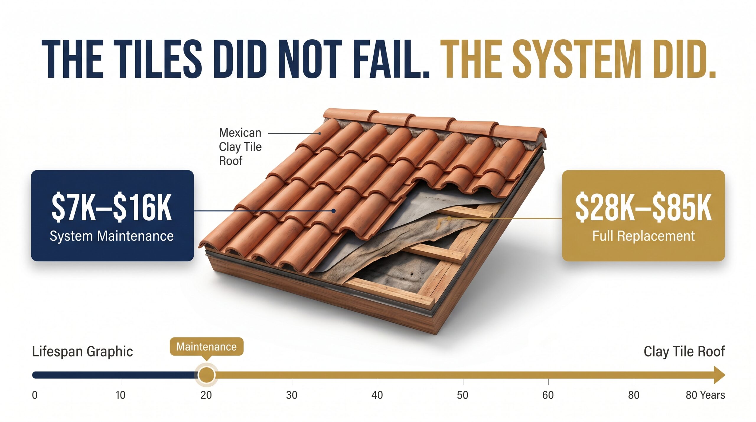 An Achilles Roofing & Exteriors infographic comparing the cost of timely system care versus a complete overhaul, proving why a Mexican clay tile roof needs routine maintenance to protect its long lifespan.