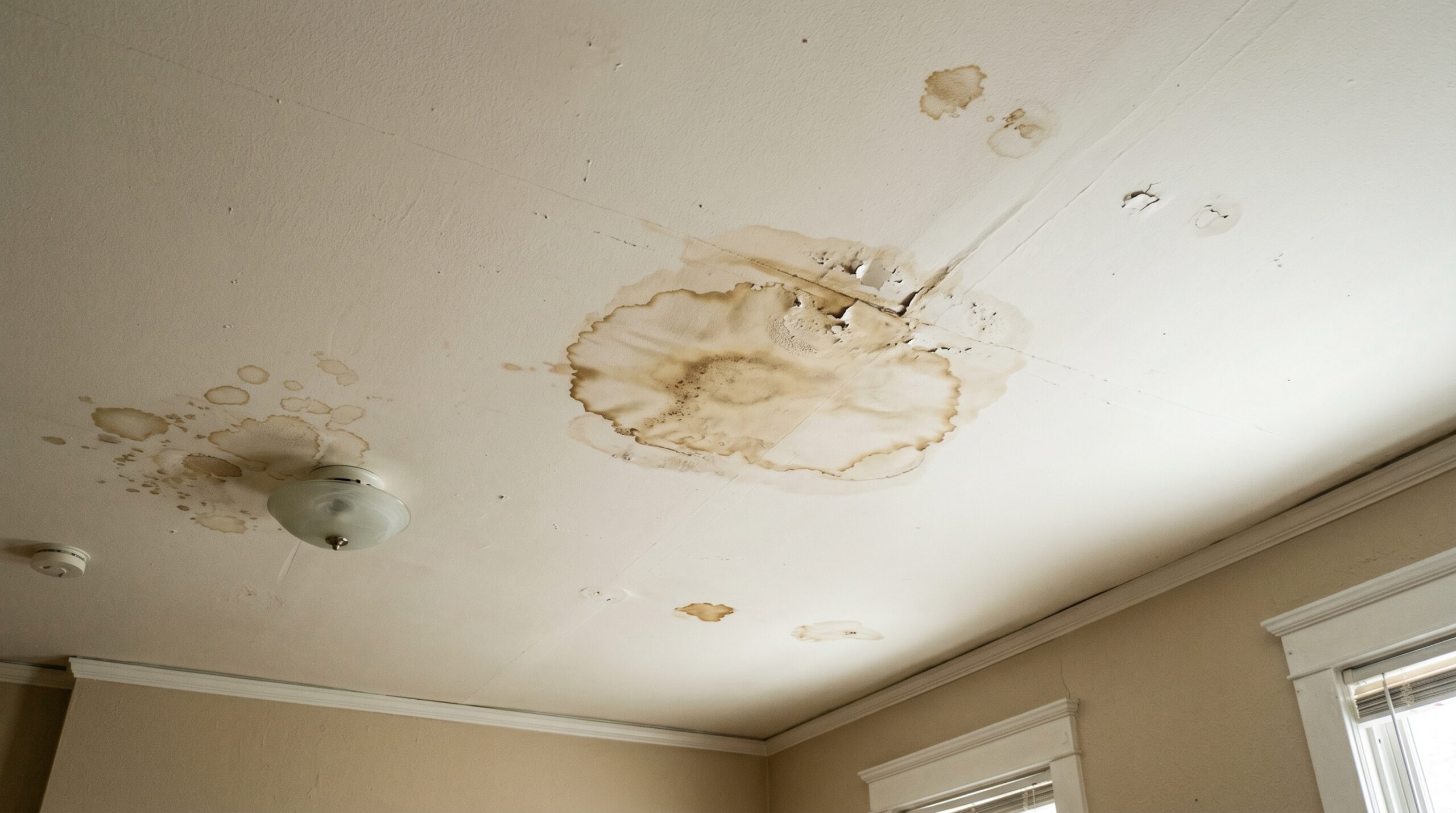 A water-damaged interior ceiling showing large, bulging brown moisture stains caused by a severe roof leak, indicating the need for a structural concrete tile roof replacement.