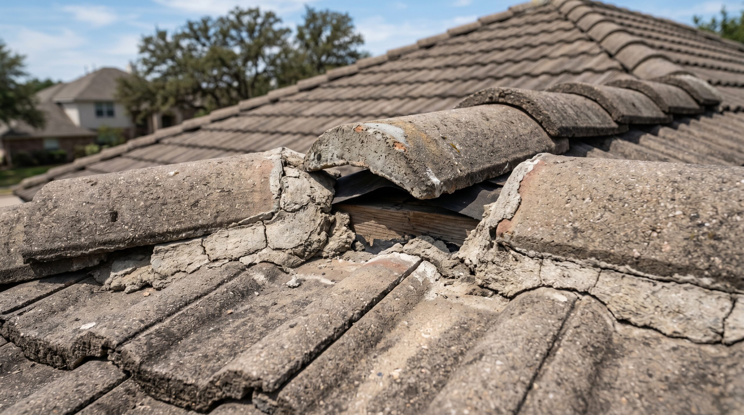 Weathered ridge cap tiles with cracking and crumbling mortar joints on a residential rooftop, demonstrating critical focus areas for concrete tile roof maintenance.