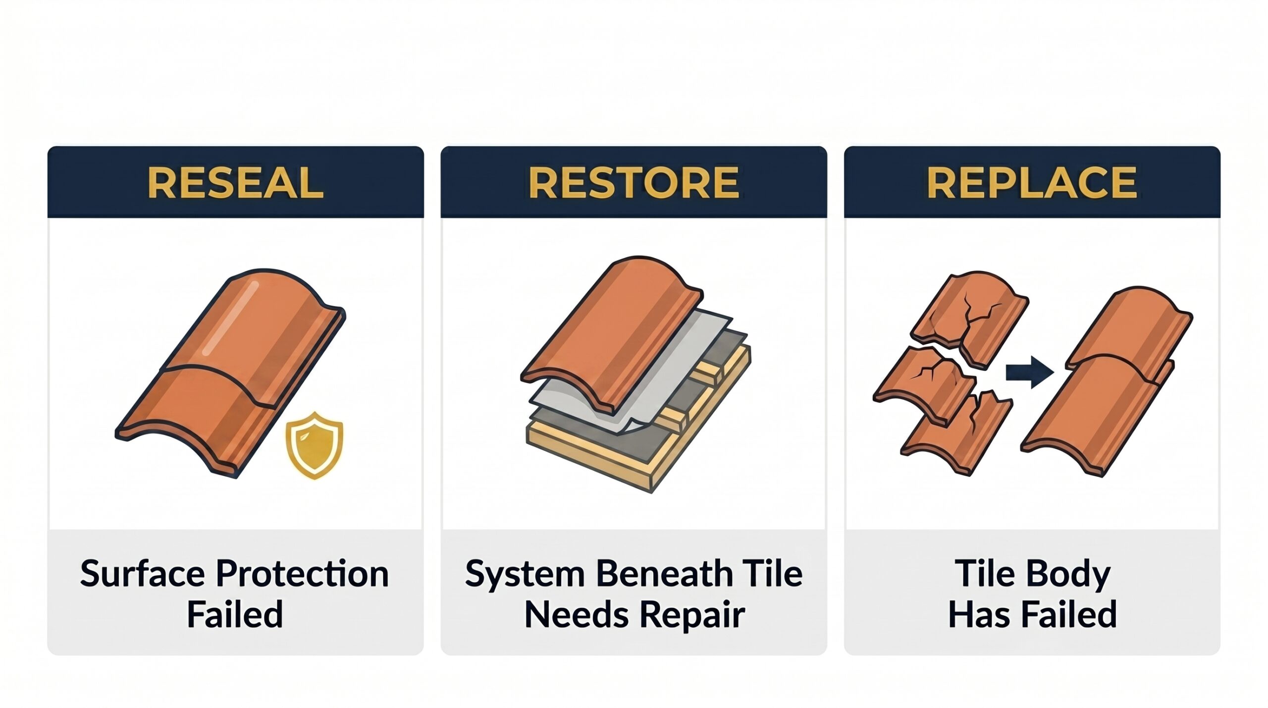 An Achilles Roofing & Exteriors framework comparing reseal, restore, and replace options to help homeowners choose the best maintenance strategy for their Mexican clay tile roof.