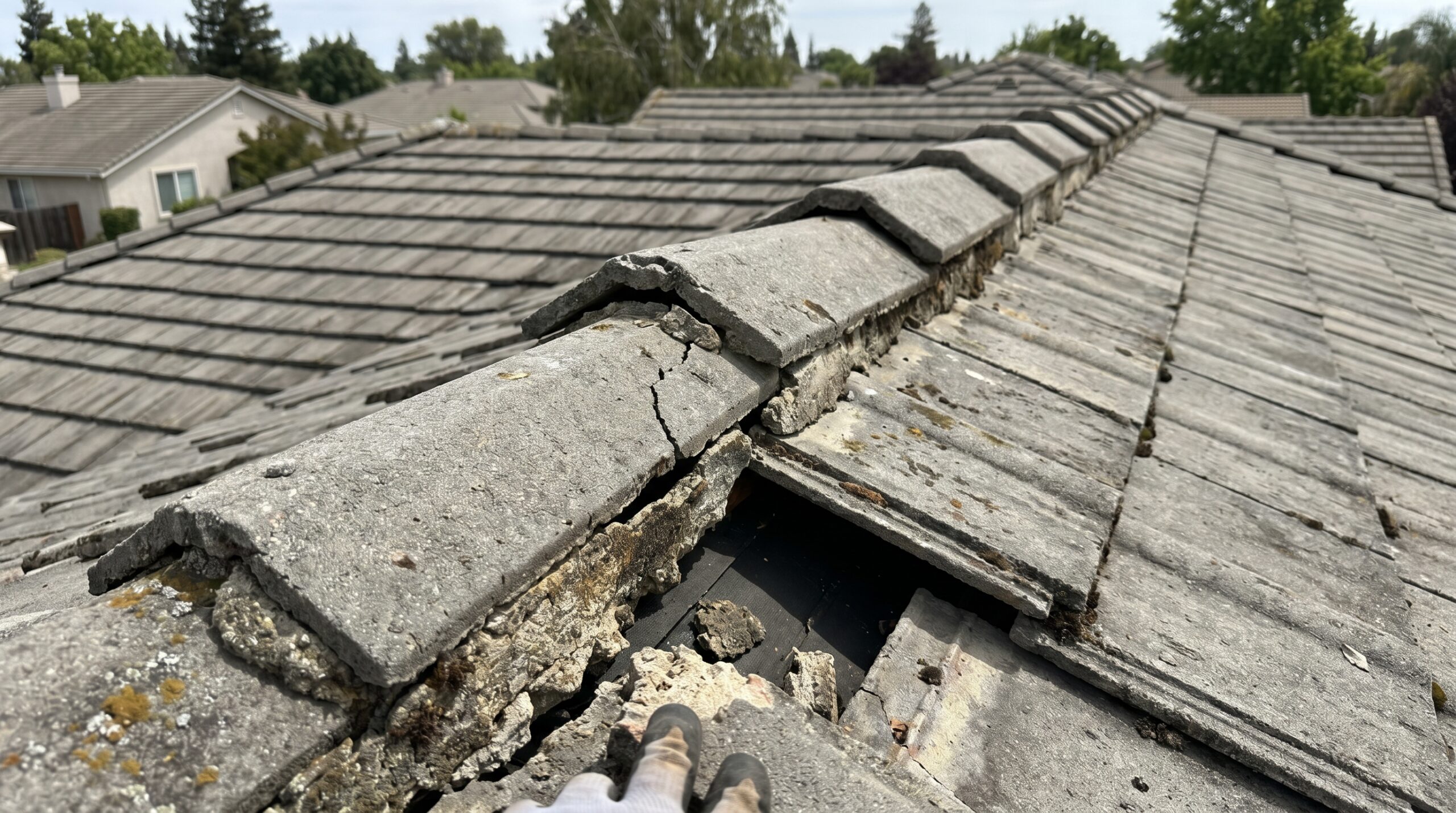 A close-up of a damaged grey roof peak showing cracked ridge cap tiles and crumbling mortar matrix, signaling the need for a professional concrete tile roof replacement.