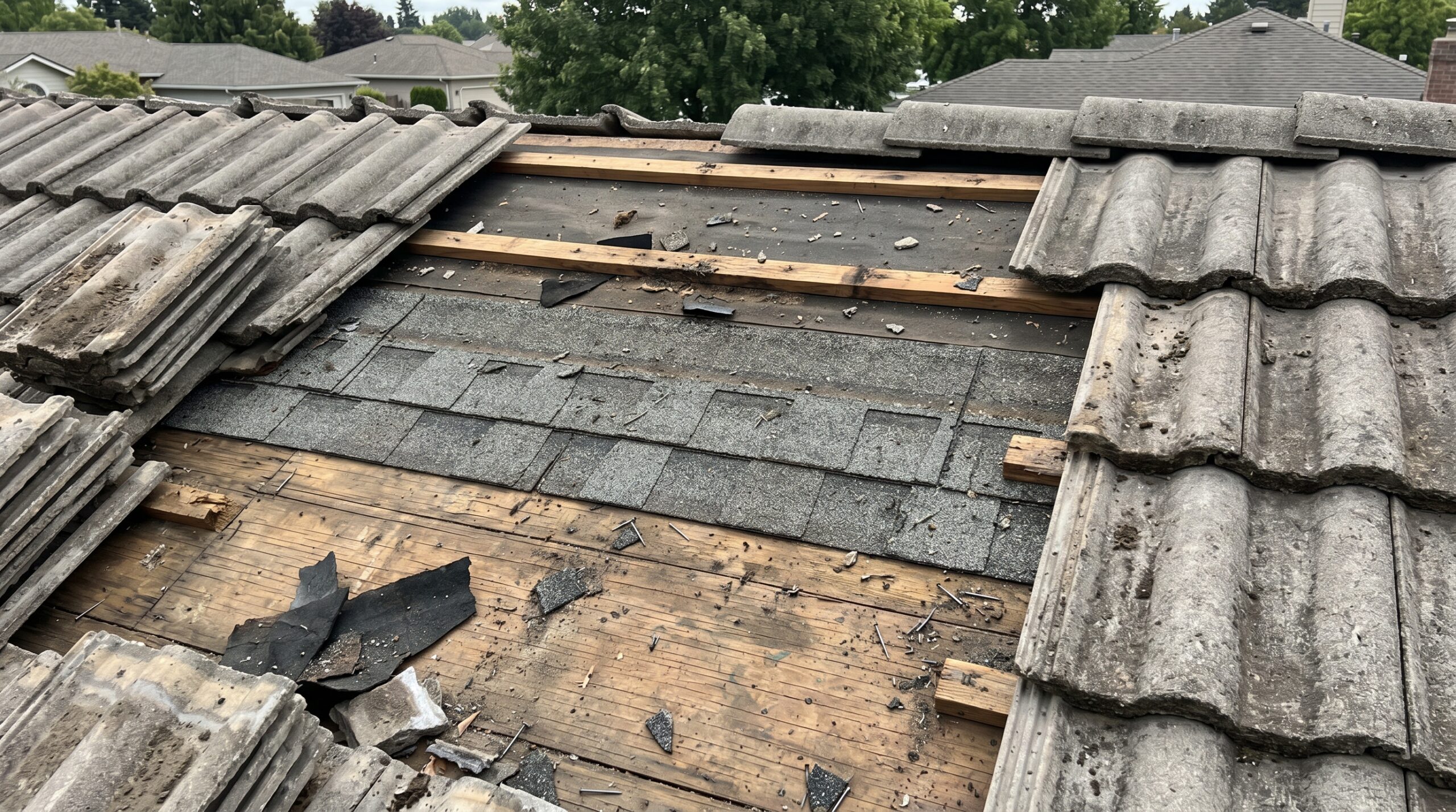 An exposed section of a residential roof showing a heavy tile installation improperly laid directly over an old layer of asphalt shingles, demonstrating a structurally compromised system that needs a complete concrete tile roof replacement.