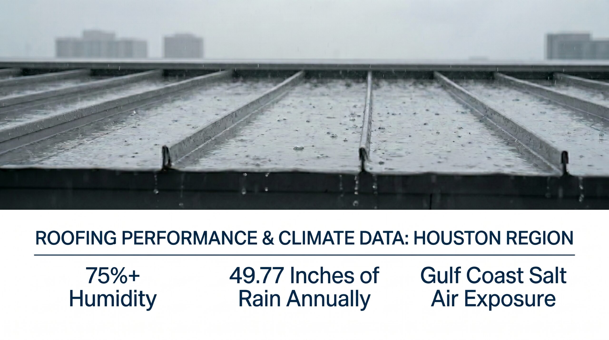 An Achilles Roofing & Exterior climate chart showing how high humidity, heavy rainfall, and coastal salt air justify long-term aluminum metal roof cost investments in Houston.