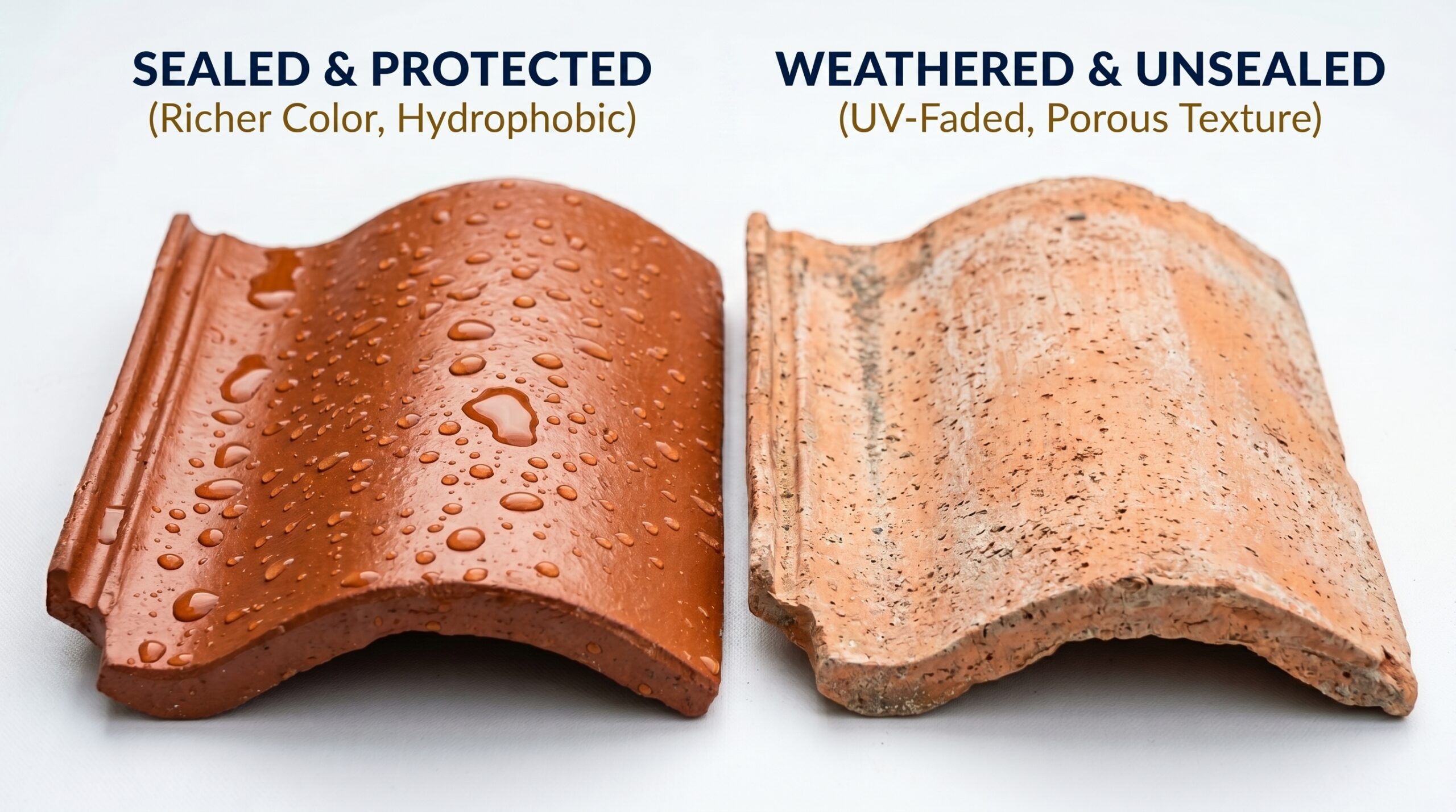 A side-by-side demonstration of water pooling on a sealed tile versus soaking into an porous unsealed tile, showing key maintenance steps for a Mexican clay tile roof.