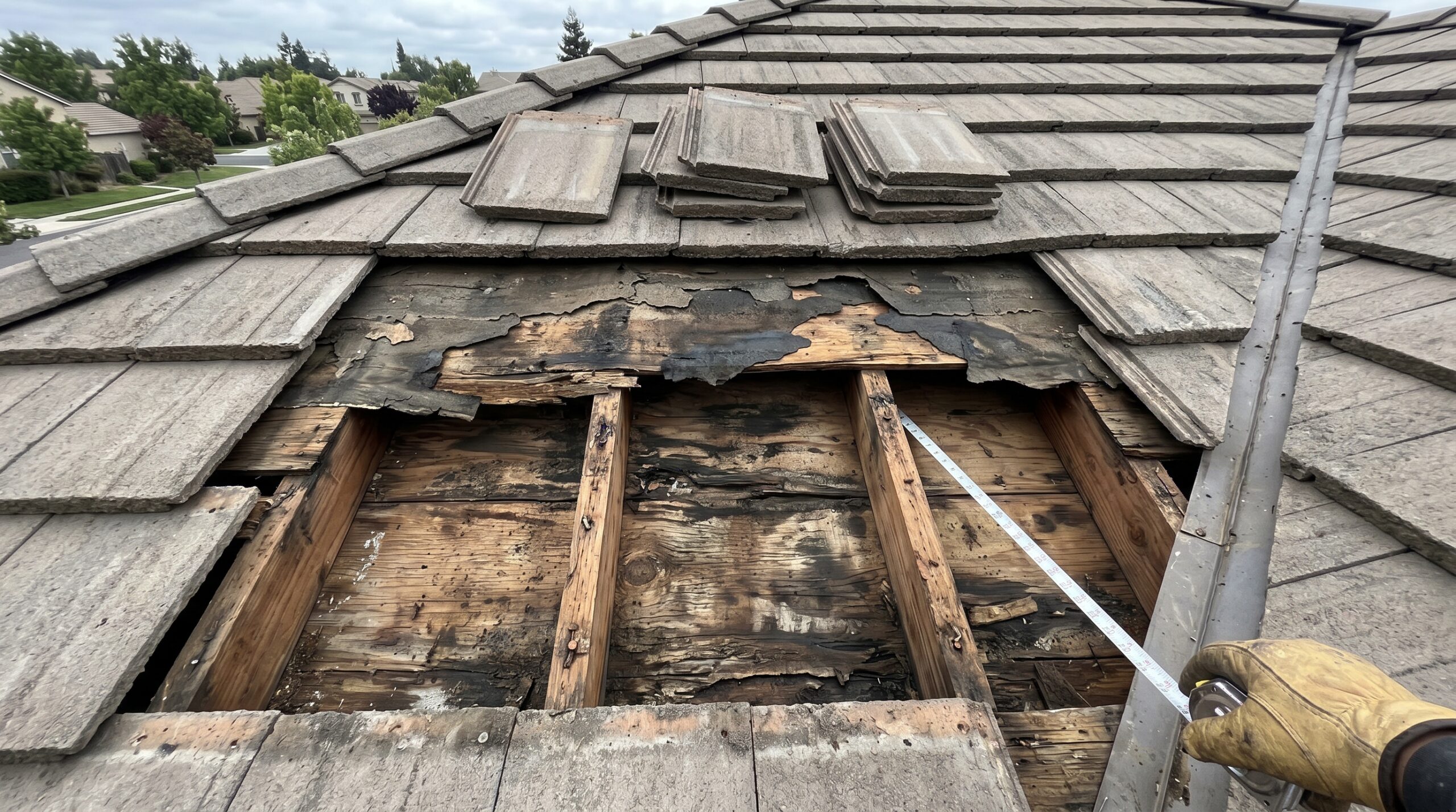An exposed section of a residential roof showing rotted wood framing and torn underlayment beneath grey tiles, illustrating hidden structural damage that requires a concrete tile roof replacement.
