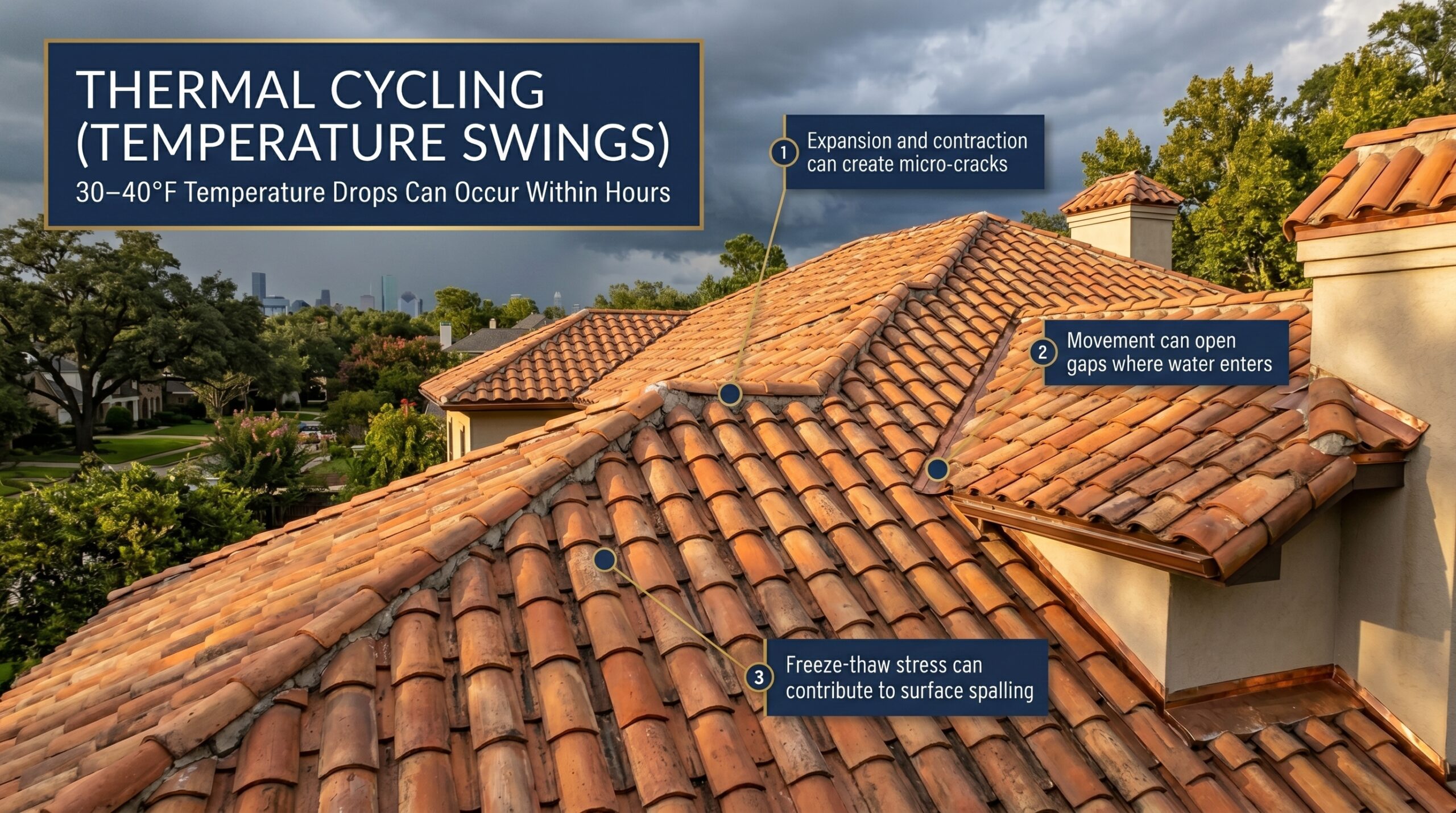 An Achilles Roofing & Exteriors educational diagram illustrating how rapid temperature shifts cause expansion stress on a Mexican clay tile roof.