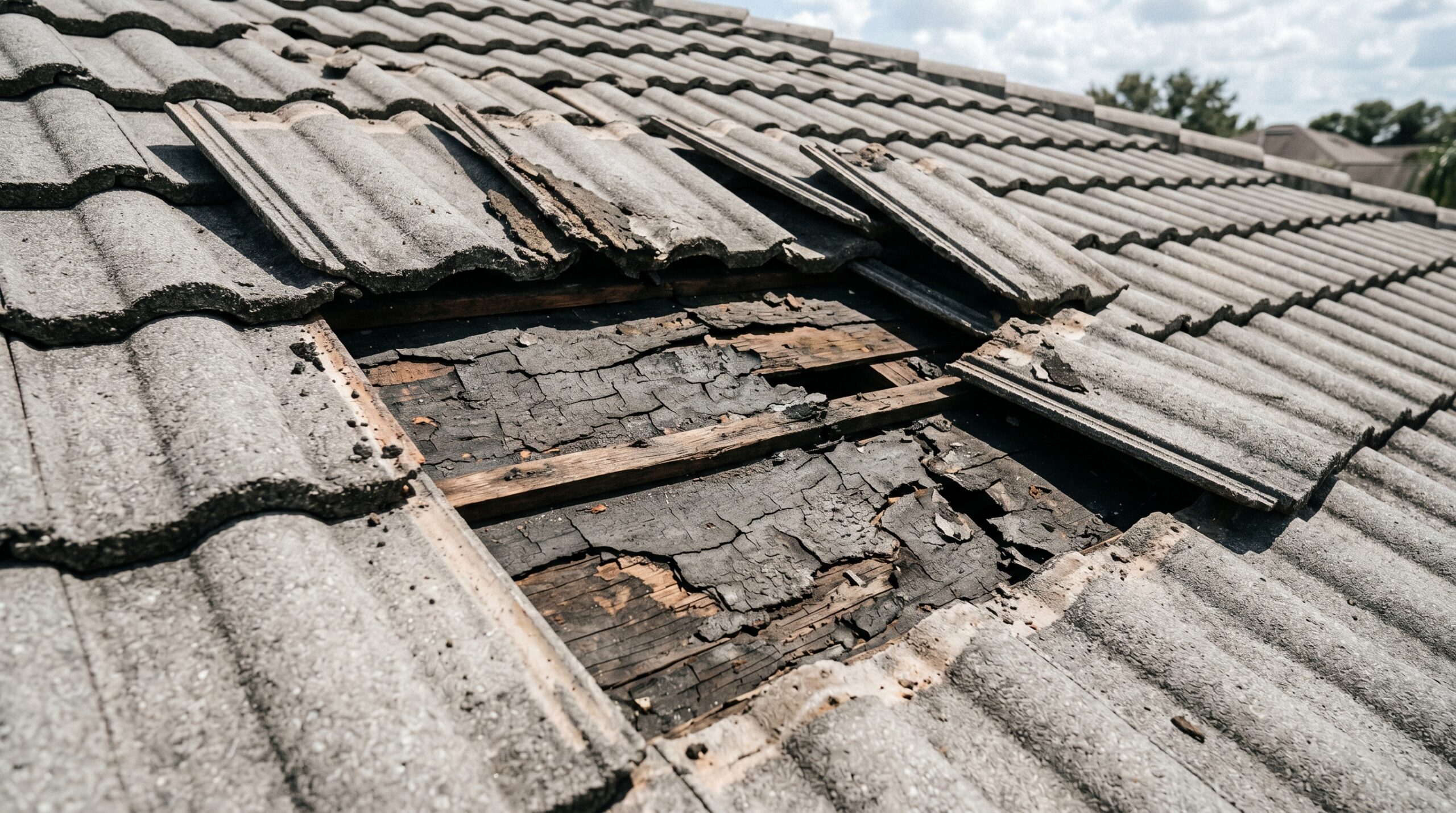 A close-up view of broken tiles pulled back to expose severely cracked, brittle underlayment and rotten wood battens, showing the underlying damage that justifies a full concrete tile roof replacement.