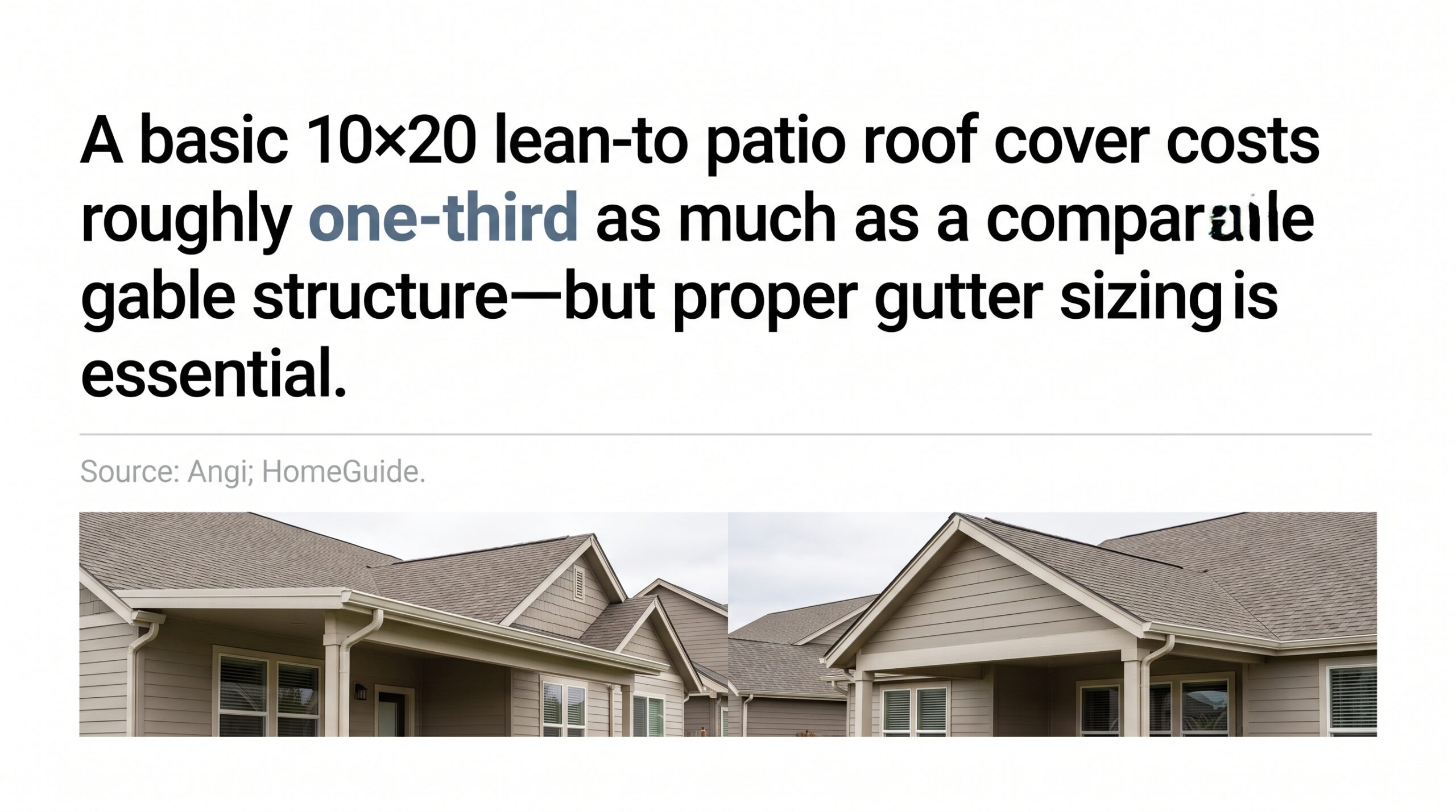 A structural cost comparison infographic from Achilles showing budget differences and gutter requirements for a lean-to versus a gable patio roof cover.