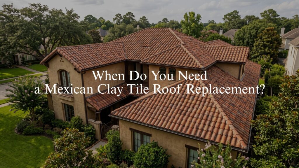 An aerial drone photograph of a luxury home's multi-gabled roofline highlighting a professional guide from Achilles detailing when homeowners need a clay tile roof replacement.