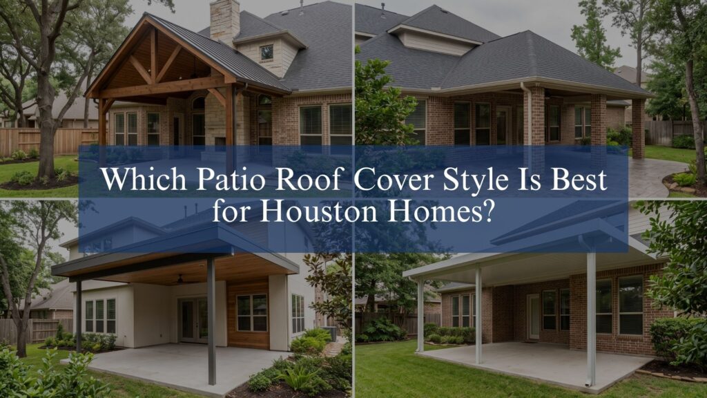 A four-panel photo collage from Achilles showcasing various residential design extensions to help homeowners choose the best patio roof cover for their Houston property.