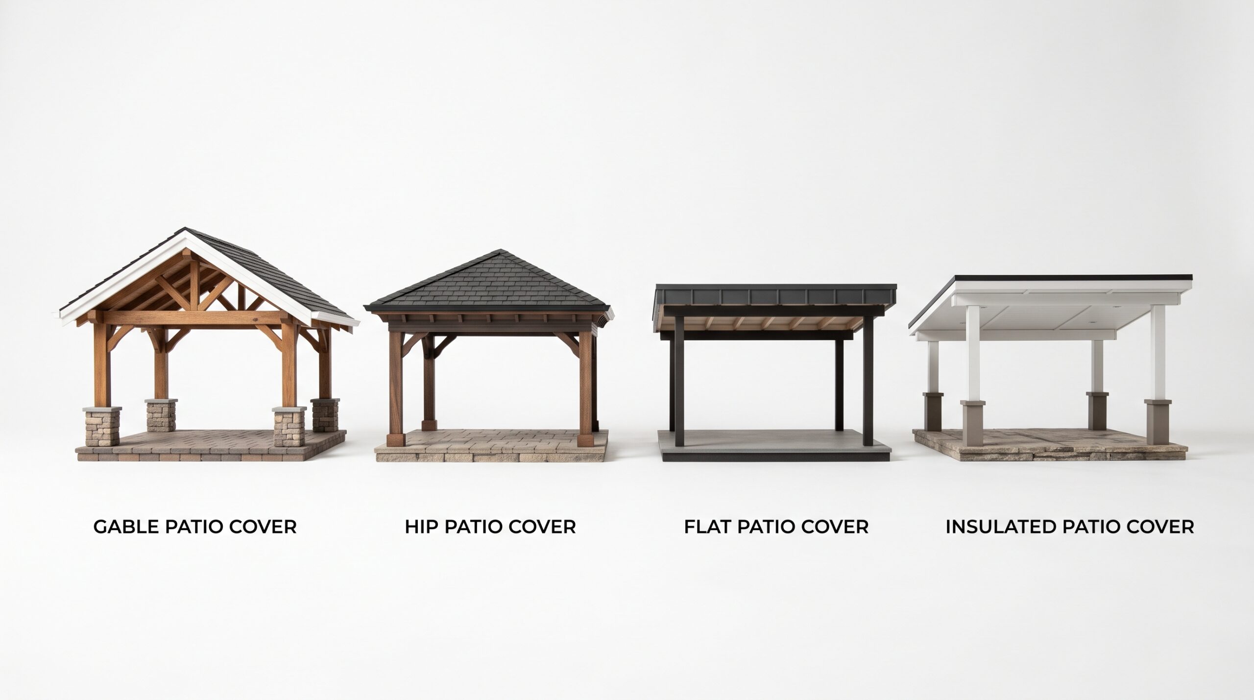 Architectural 3D models from Achilles showcasing four distinct construction styles for a custom backyard patio roof cover.