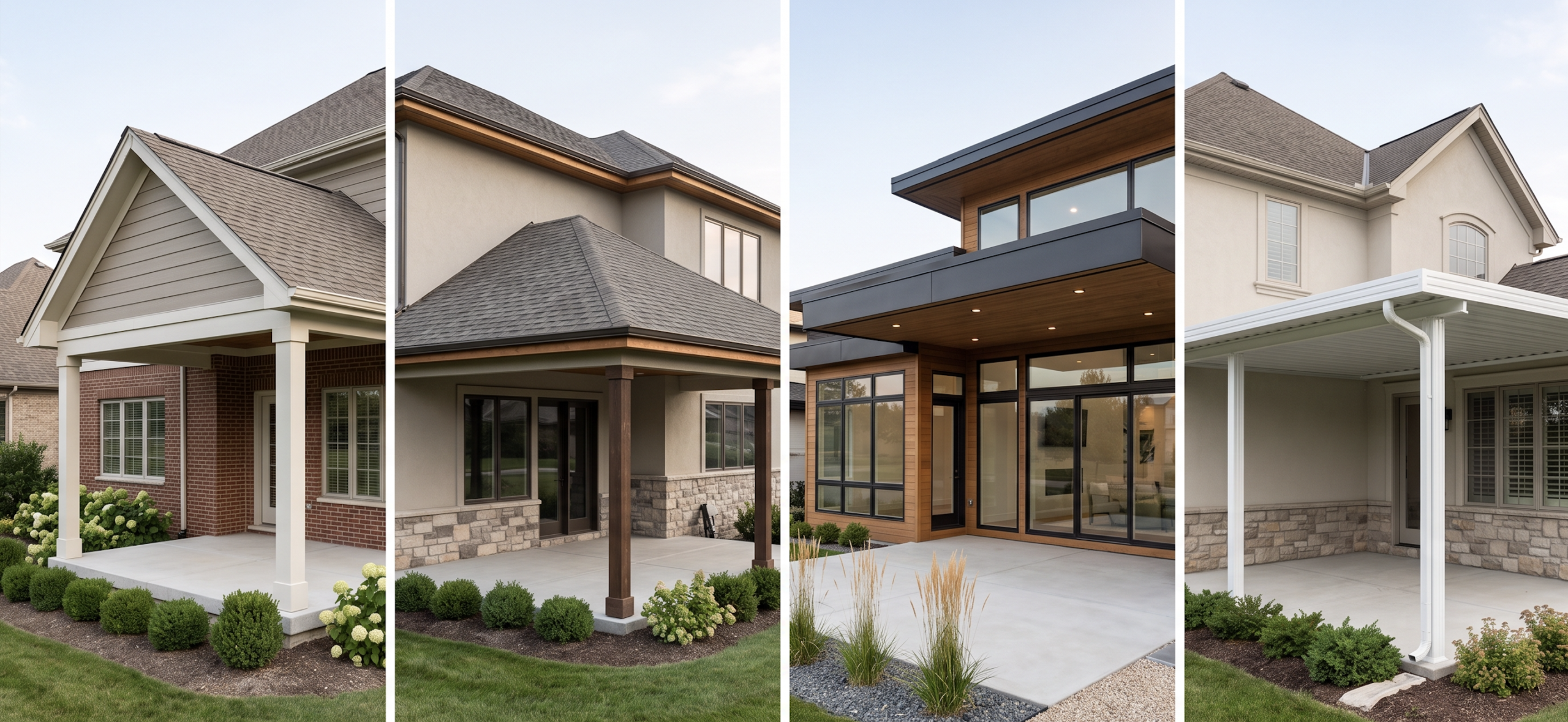 A four-panel photo gallery from Achilles showcasing different architectural extensions, highlighting how a custom patio roof cover seamlessly integrates with various residential home styles.