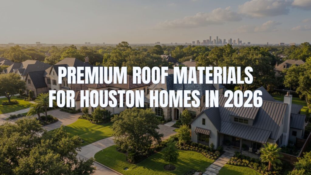An aerial view of luxury Houston residential homes featuring standing seam metal and clay tile roofing, highlighting an Achilles guide on selecting a premium roof in 2026.