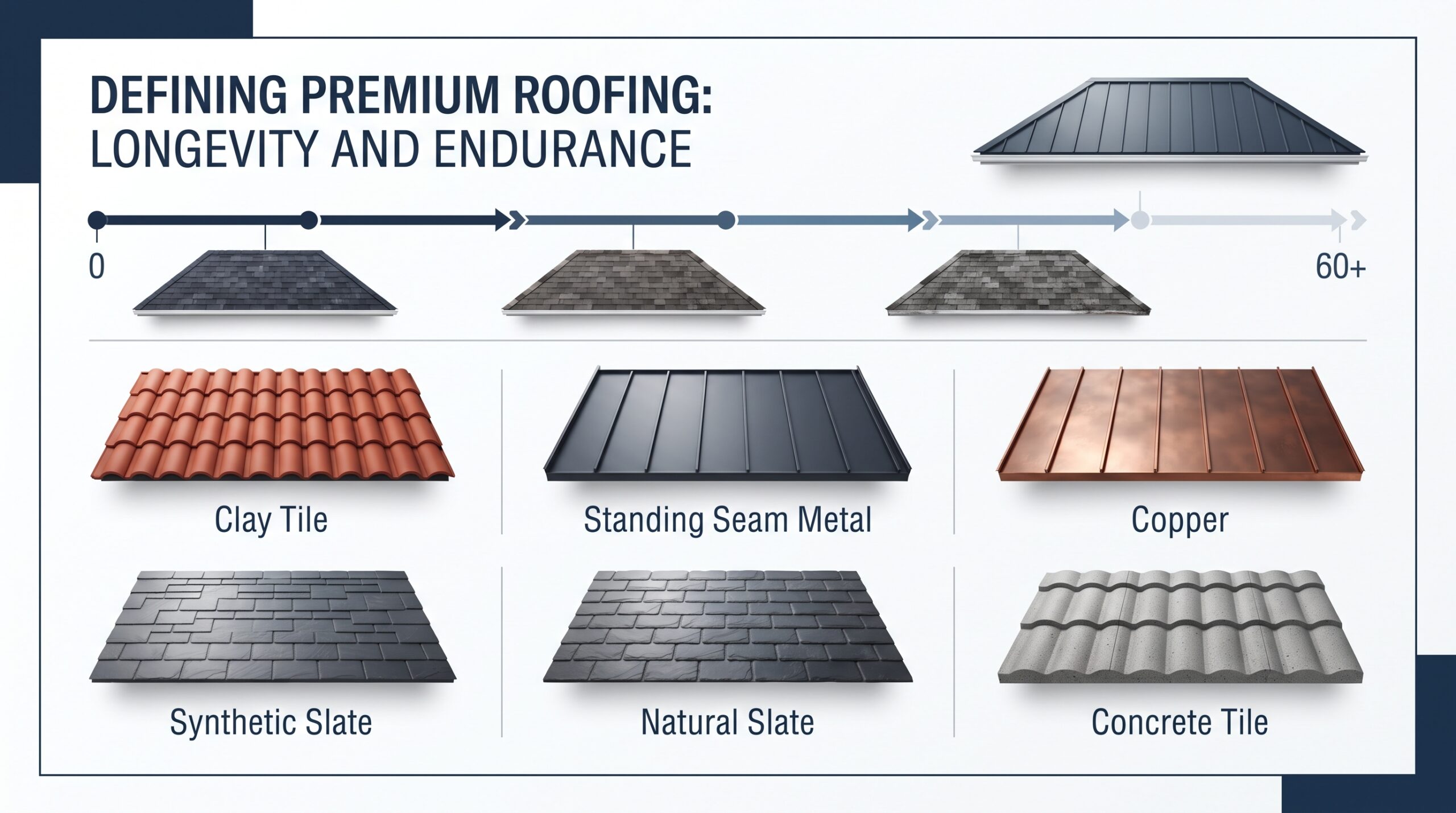A comprehensive roofing endurance chart by Achilles comparing material lifespans to define a premium roof system for home upgrades.