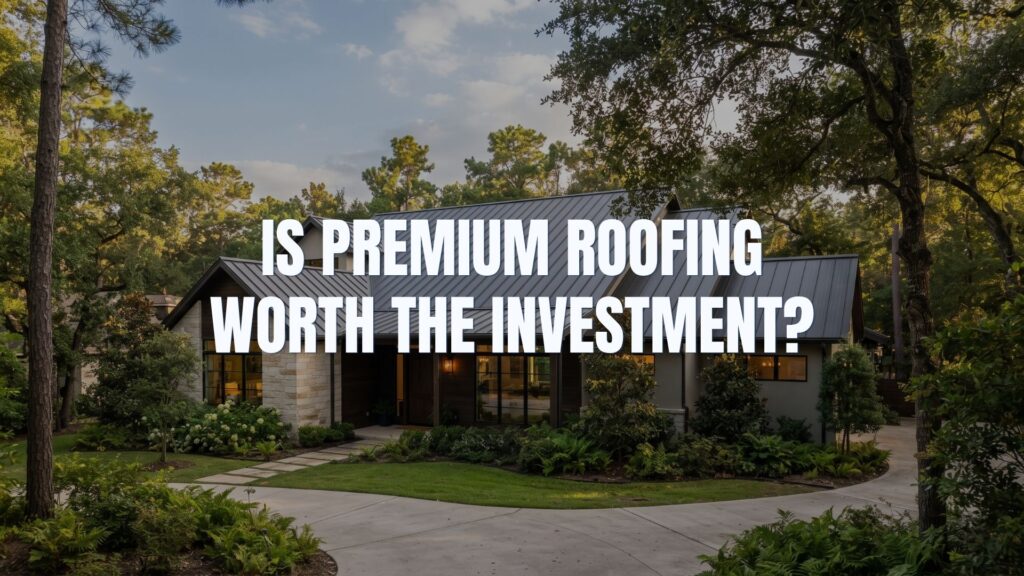 A modern transitional home with a dark standing seam metal roof, showcasing an Achilles guide on whether a premium roof replacement is a smart investment for homeowners in The Woodlands, Cypress, and Spring.