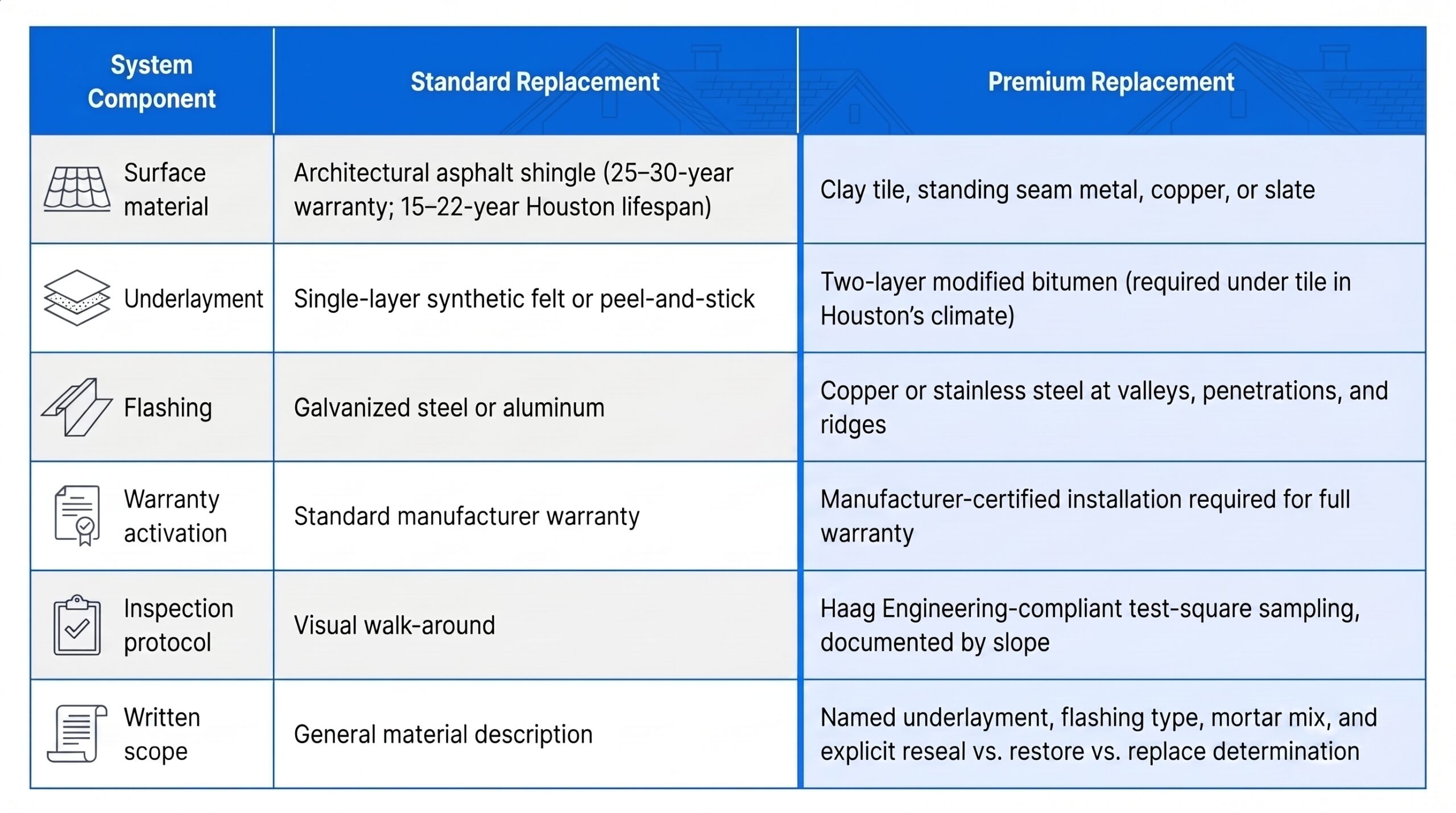 A system component comparison table by Achilles contrasting standard installations with a premium roof replacement to help homeowners in Cypress, Spring, and The Woodlands understand high-end material upgrades.
