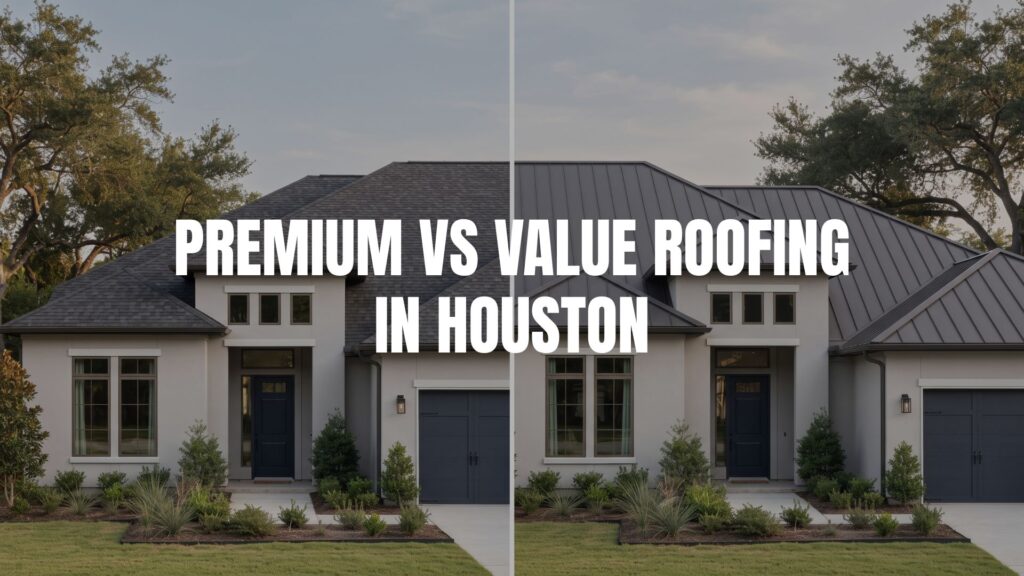 A split comparison image of a modern Houston house with asphalt shingles on the left and metal roofing on the right, exploring premium vs value options.