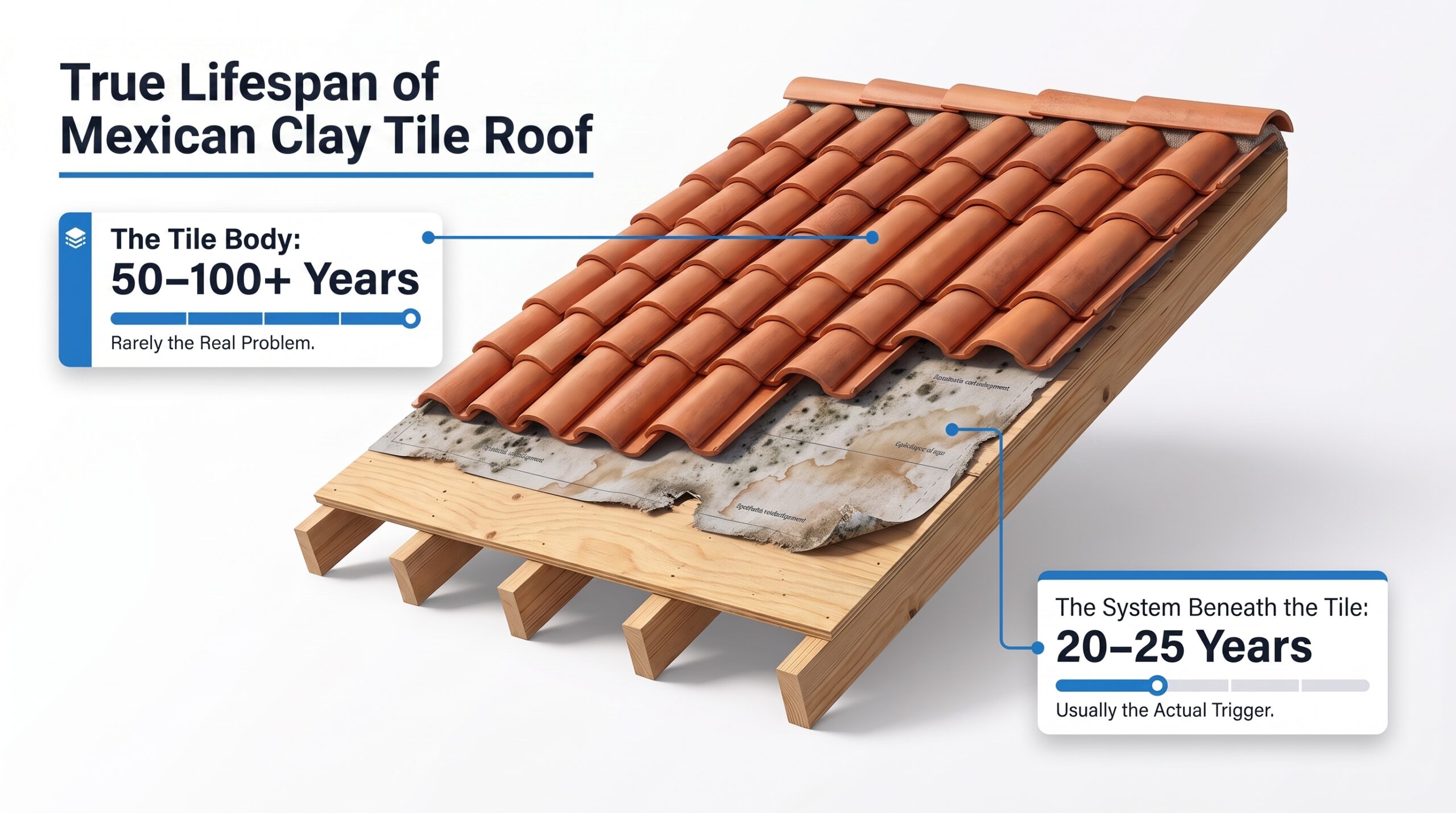 A 3D architectural diagram from Achilles comparing the longevity of clay tiles versus underlayment to explain when a homeowner needs a Mexican clay tile roof replacement.