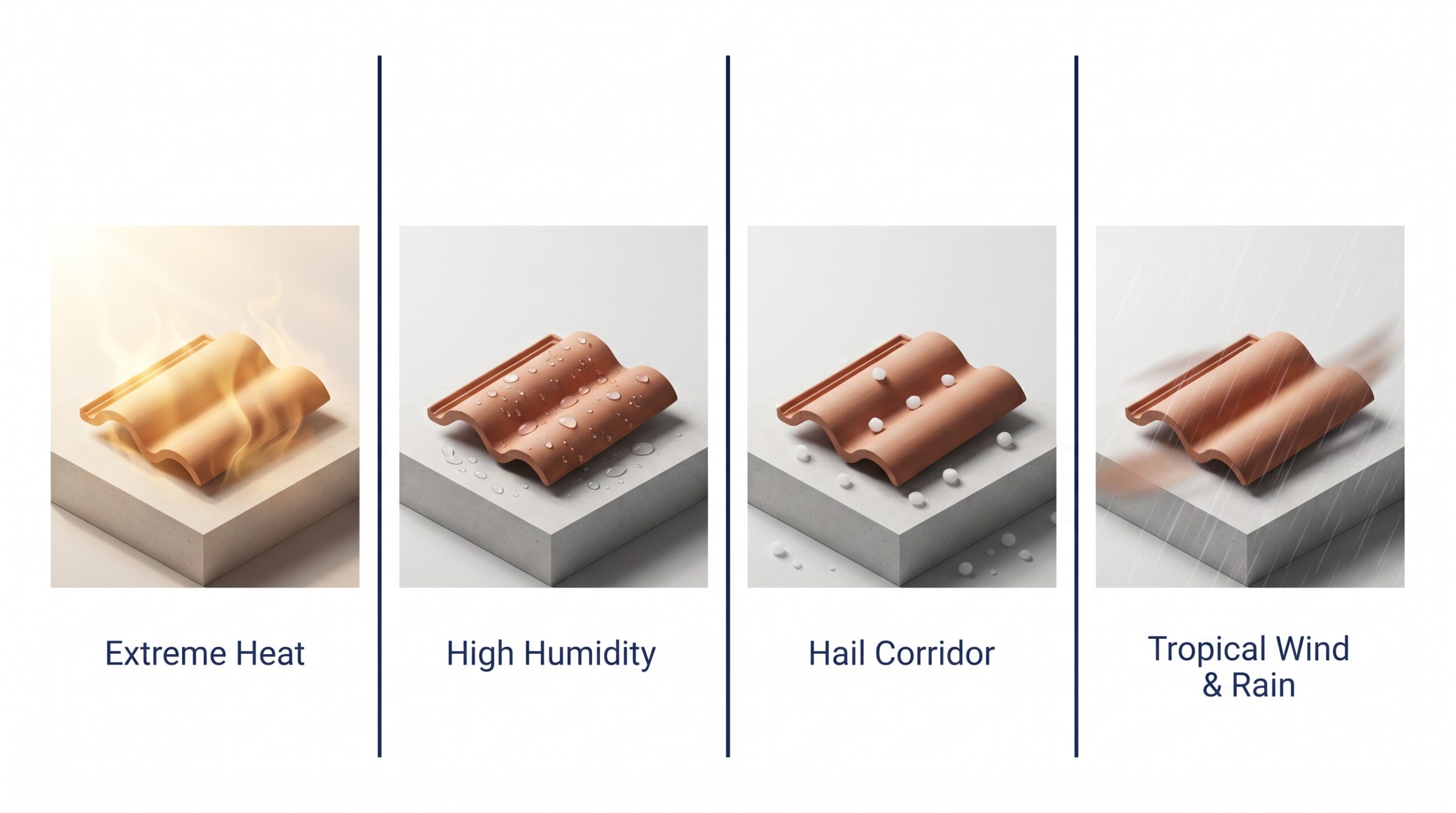 A four-panel diagram showing terra cotta roofing tile durability under extreme weather conditions, highlighting materials for a premium roof replacement by Achilles.