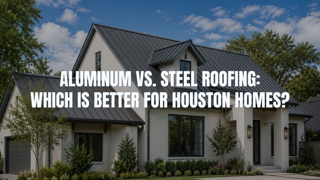 A modern white brick house featuring a dark standing seam metal roof for an aluminum vs. steel comparison guide by Achilles Roofing.