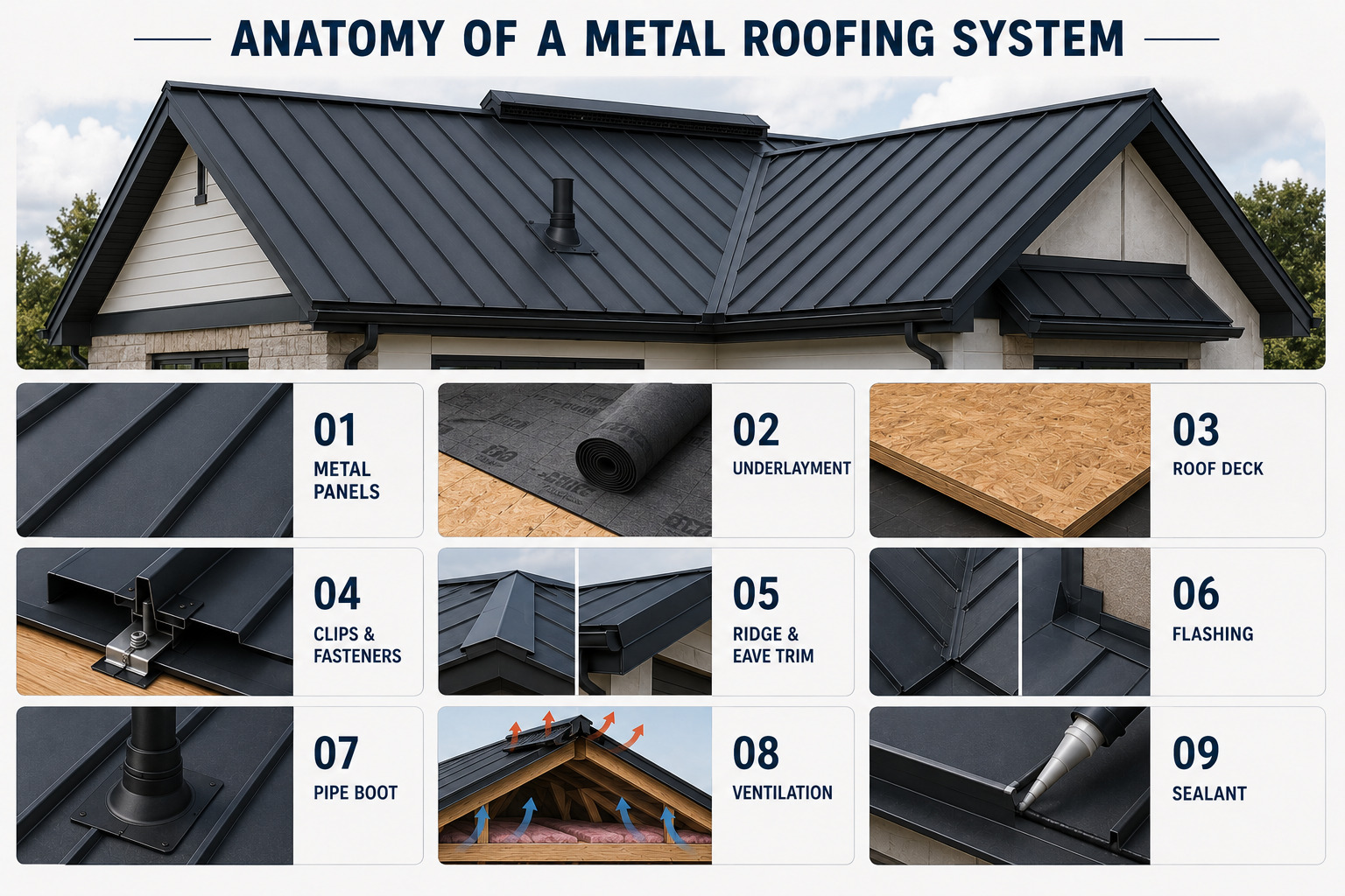 Diagram showing the nine essential components of a standing seam system using metal roofing sheets by Achilles Roofing.