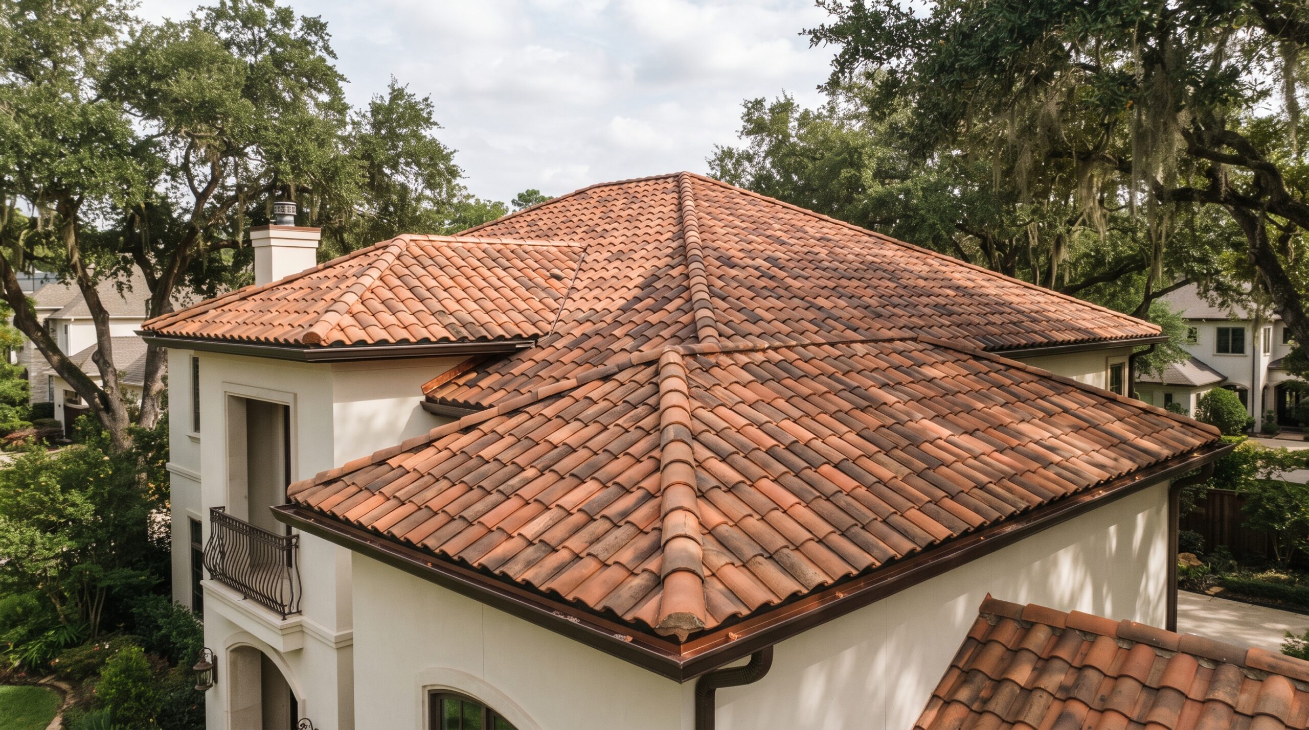 High-angle view of a terracotta clay tile roof on a Mediterranean-style luxury home, highlighting a premium roof replacement by Achilles Roofing & Exterior.