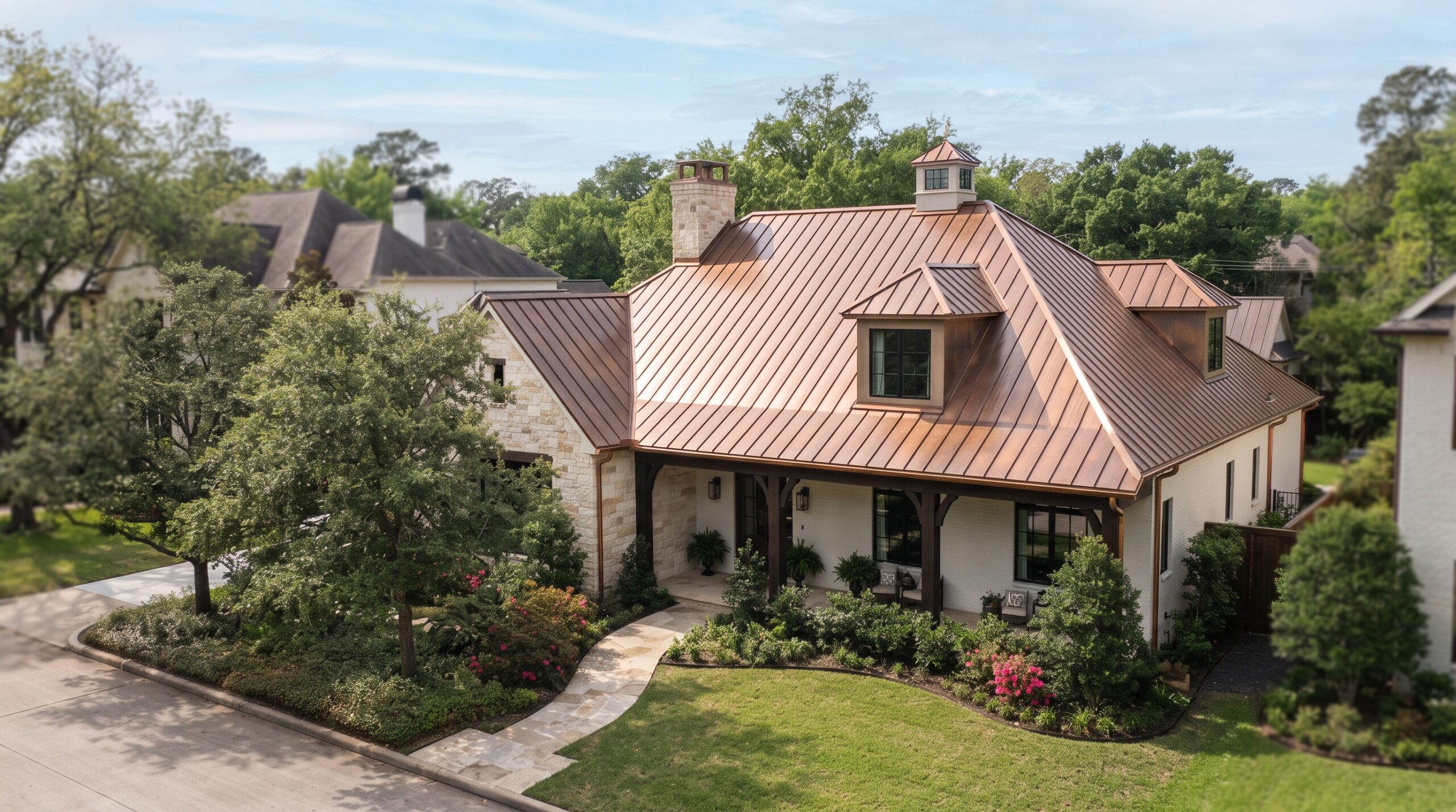 High-angle front view of a luxury home featuring a custom copper metal standing seam roof, highlighting a premium roof replacement by Achilles Roofing & Exterior.