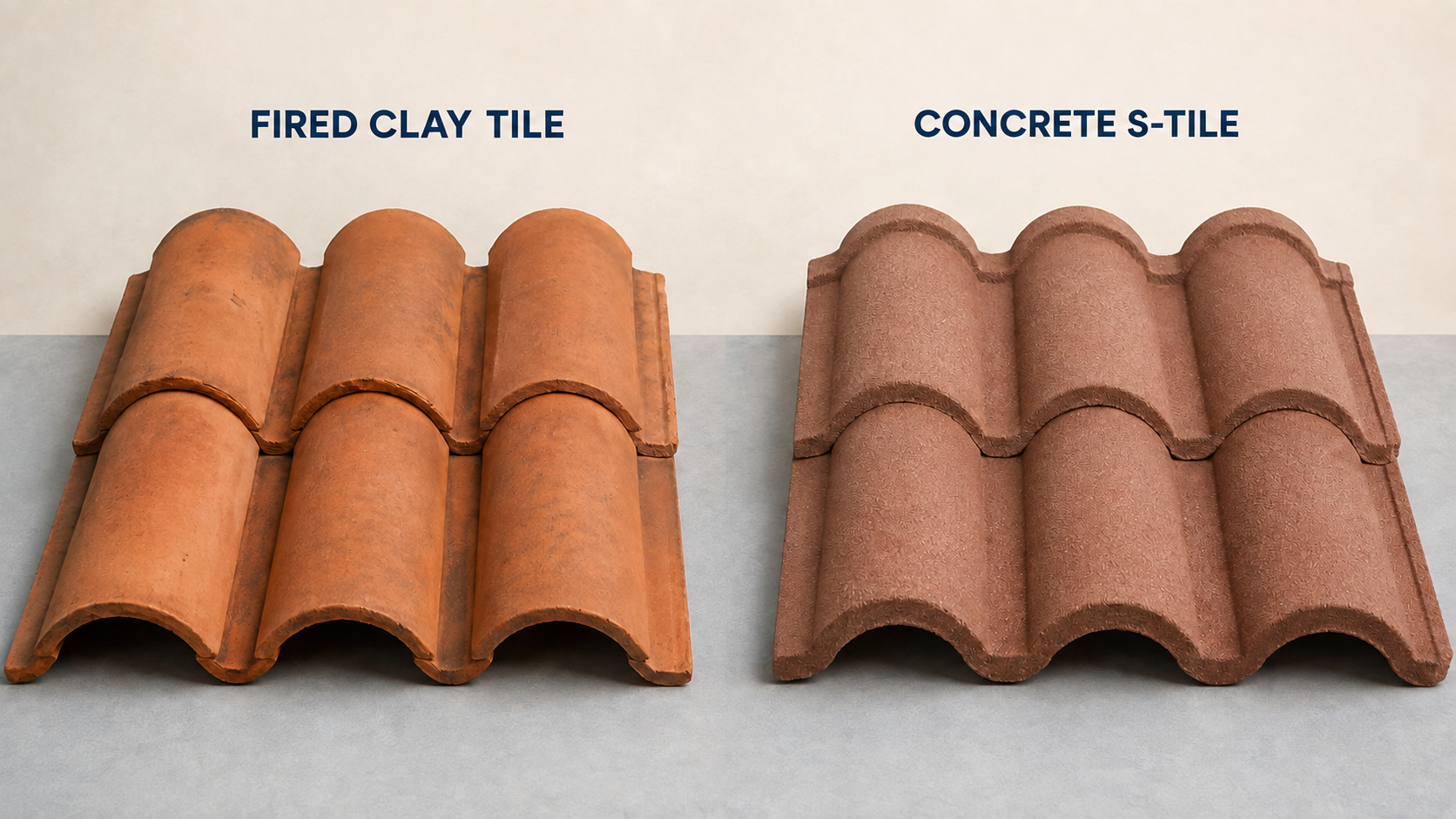Side-by-side comparison of fired clay tile and concrete S-tile materials used for premium Spanish tile roofing by Achilles Roofing.