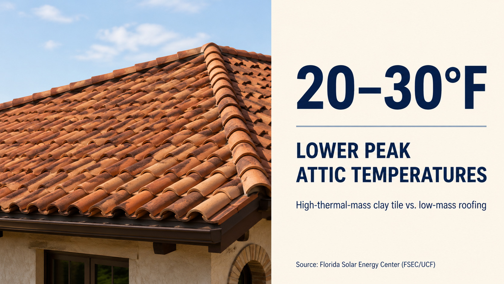 An infographic showing attic temperature reduction statistics next to a home with premium Spanish tile roofing by Achilles Roofing.
