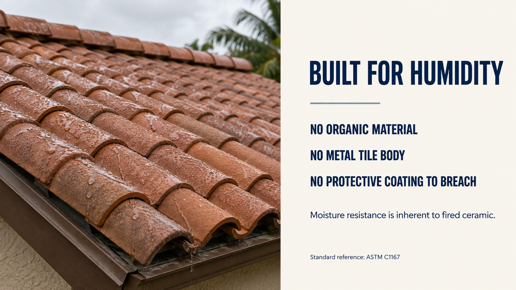 An infographic showing attic temperature reduction statistics next to a home with a Spanish tile roof by Achilles Roofing.