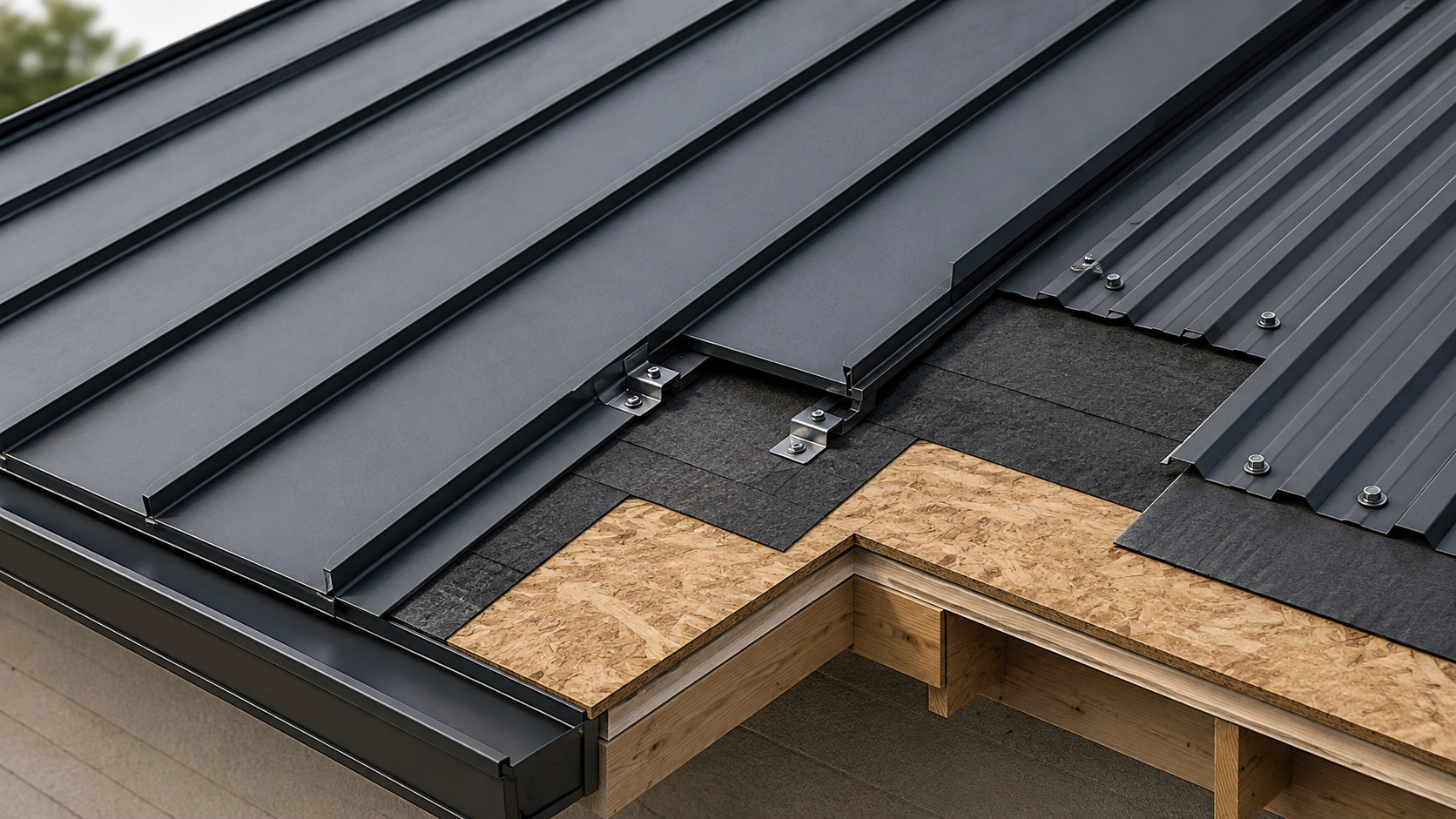 Cutaway diagram showing the installation layers of corrugated and standing seam metal roofing sheets by Achilles Roofing.