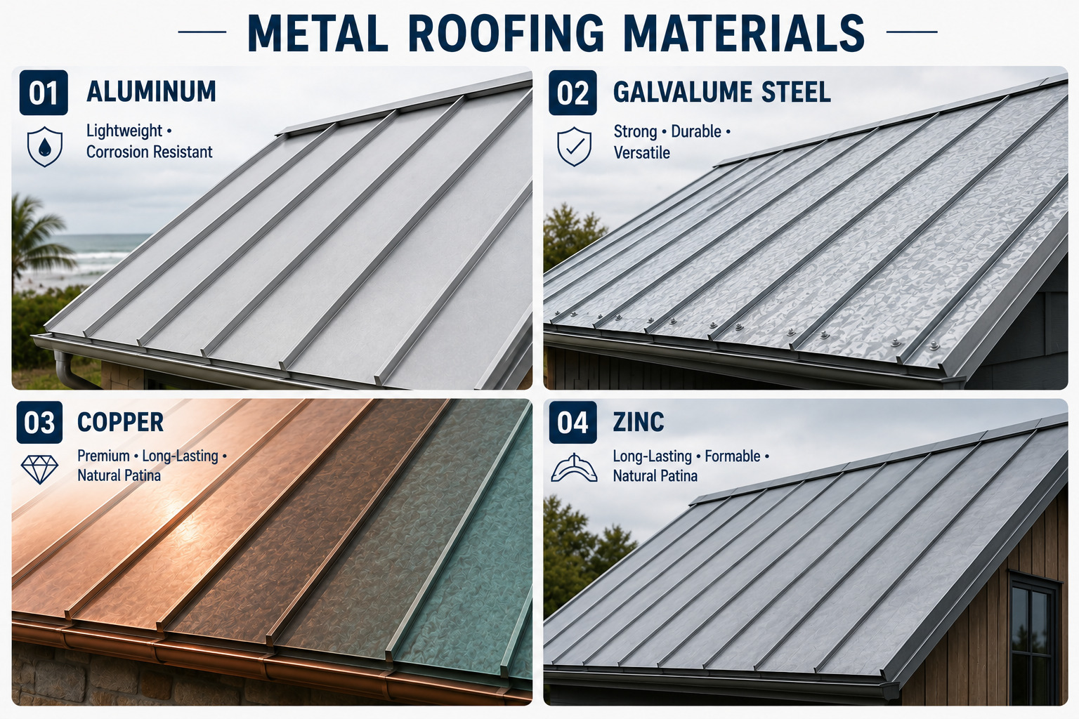 A four-panel graphic comparing aluminum, Galvalume steel, copper, and zinc metal roofing sheets by Achilles Roofing.