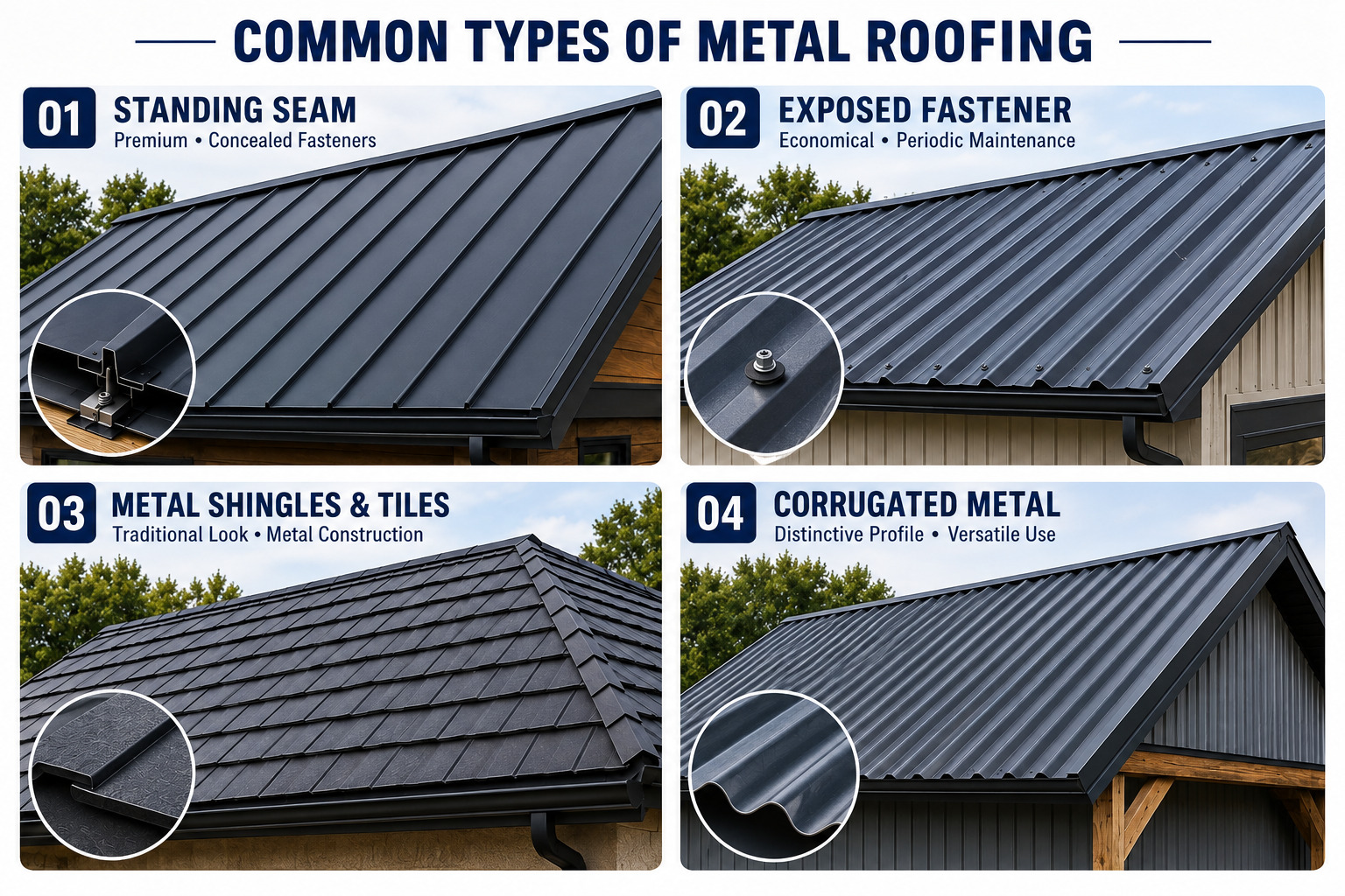A four-panel graphic showing common types of metal roofing sheets, including standing seam, exposed fastener, metal shingles, and corrugated metal by Achilles Roofing.