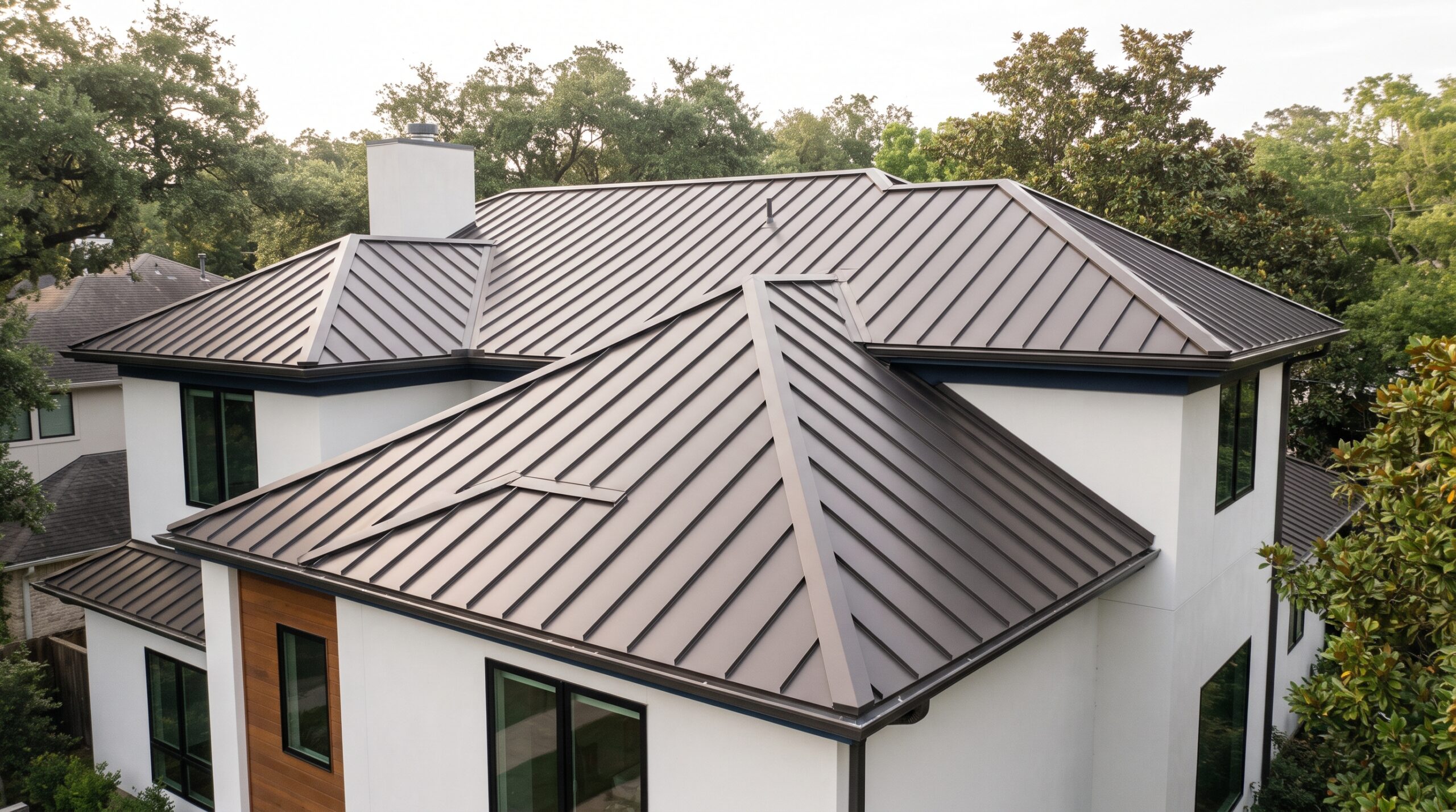 A modern two-story luxury home featuring a newly installed dark standing seam metal roof, showcasing a premium roof replacement by Achilles Roofing & Exterior.
