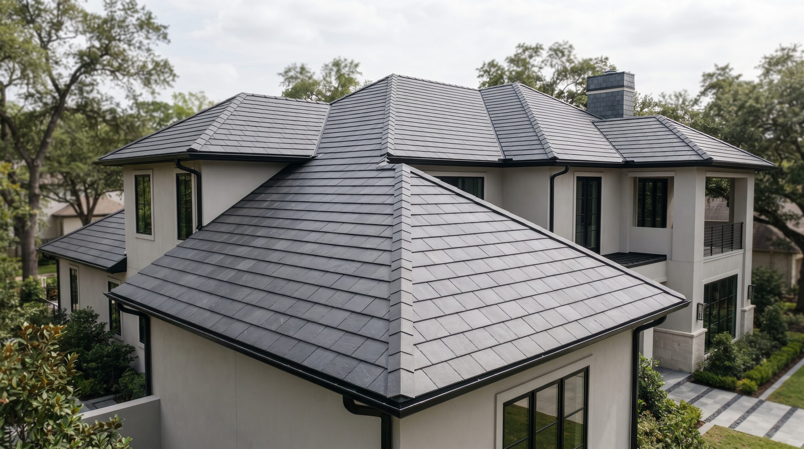 High-angle view of a luxury modern home featuring a newly installed dark synthetic slate tile roof, showcasing a premium roof replacement by Achilles Roofing & Exterior.