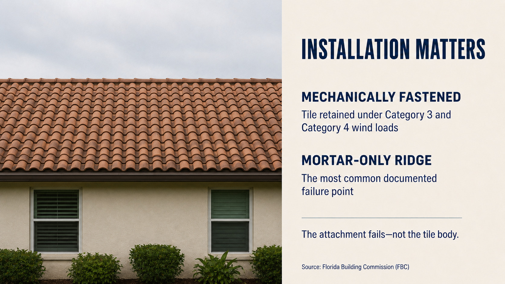 An infographic comparing mechanical fastening versus mortar-only ridge installation for a Spanish tile roof by Achilles Roofing.