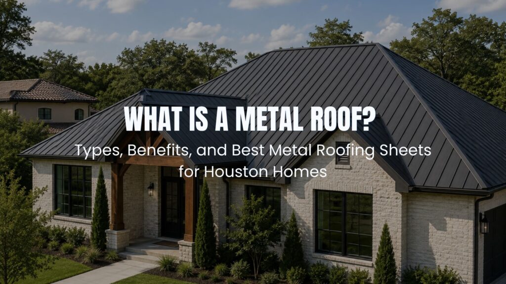 Dark standing seam metal roof installed on a modern home with white brick siding, showcasing durable metal roofing sheets by Achilles Roofing.