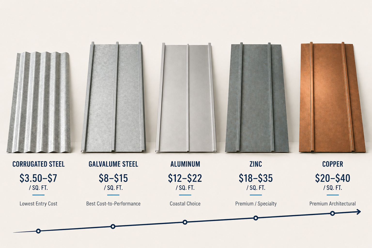 Structural diagram comparing standing seam vs exposed fastener roofing metal sheets, by Achilles Roofing & Exterior.