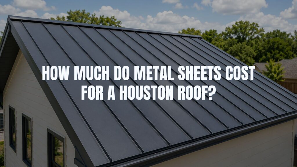 Dark standing seam metal sheets on a residential roof peak in Houston, by Achilles Roofing & Exterior.