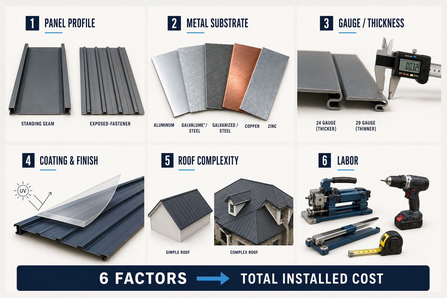 A 6-panel infographic explaining cost factors for roofing metal sheets, created by Achilles Roofing & Exterior.